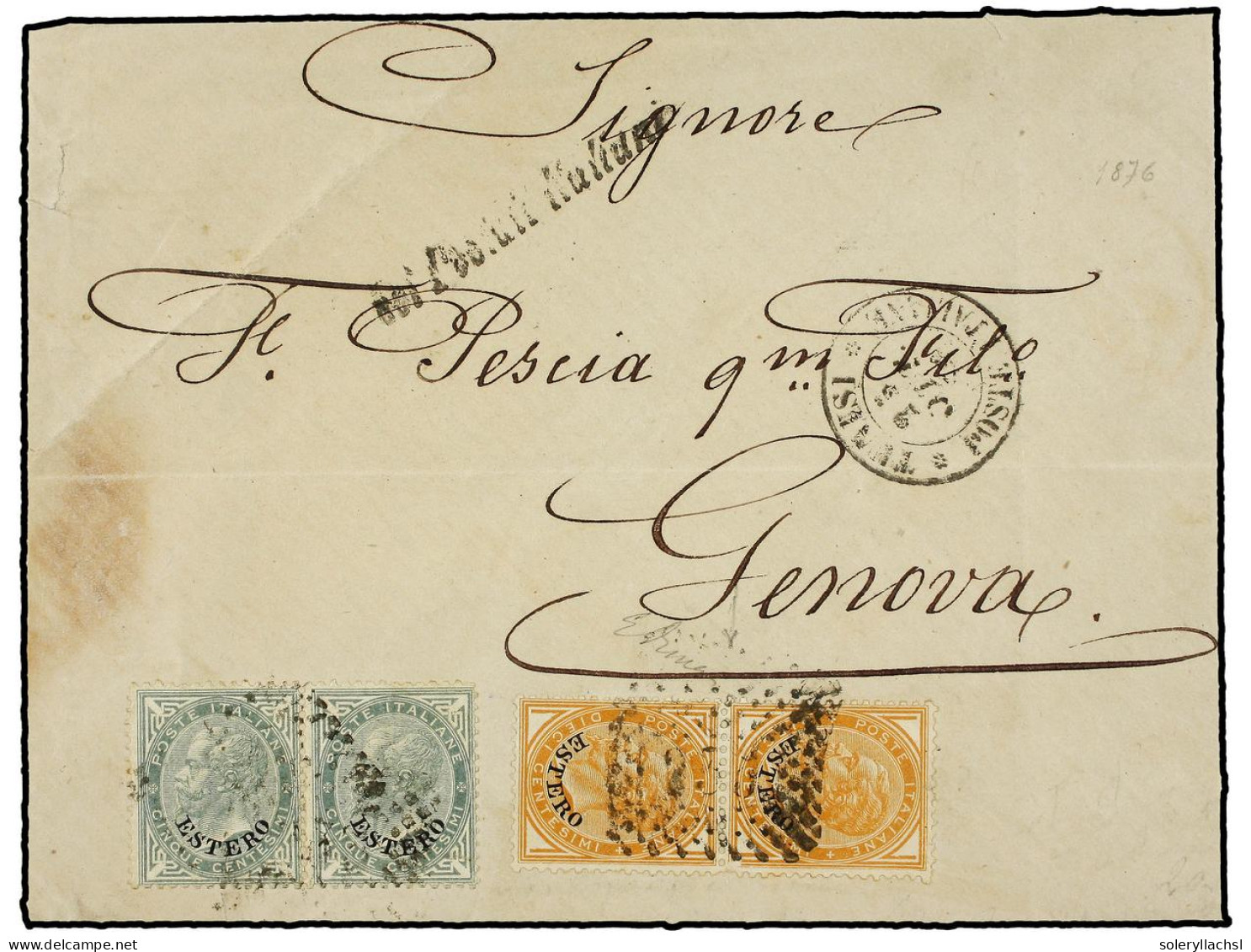 TUNEZ. 1876 (23 Oct.). TÚNEZ A GÉNOVA. 5 Cts. Gris Verde (2) Y 10 Cts. Ocre En Pareja, Un Sello ÁNGULO IZQUIERDO SIN RET - Andere & Zonder Classificatie