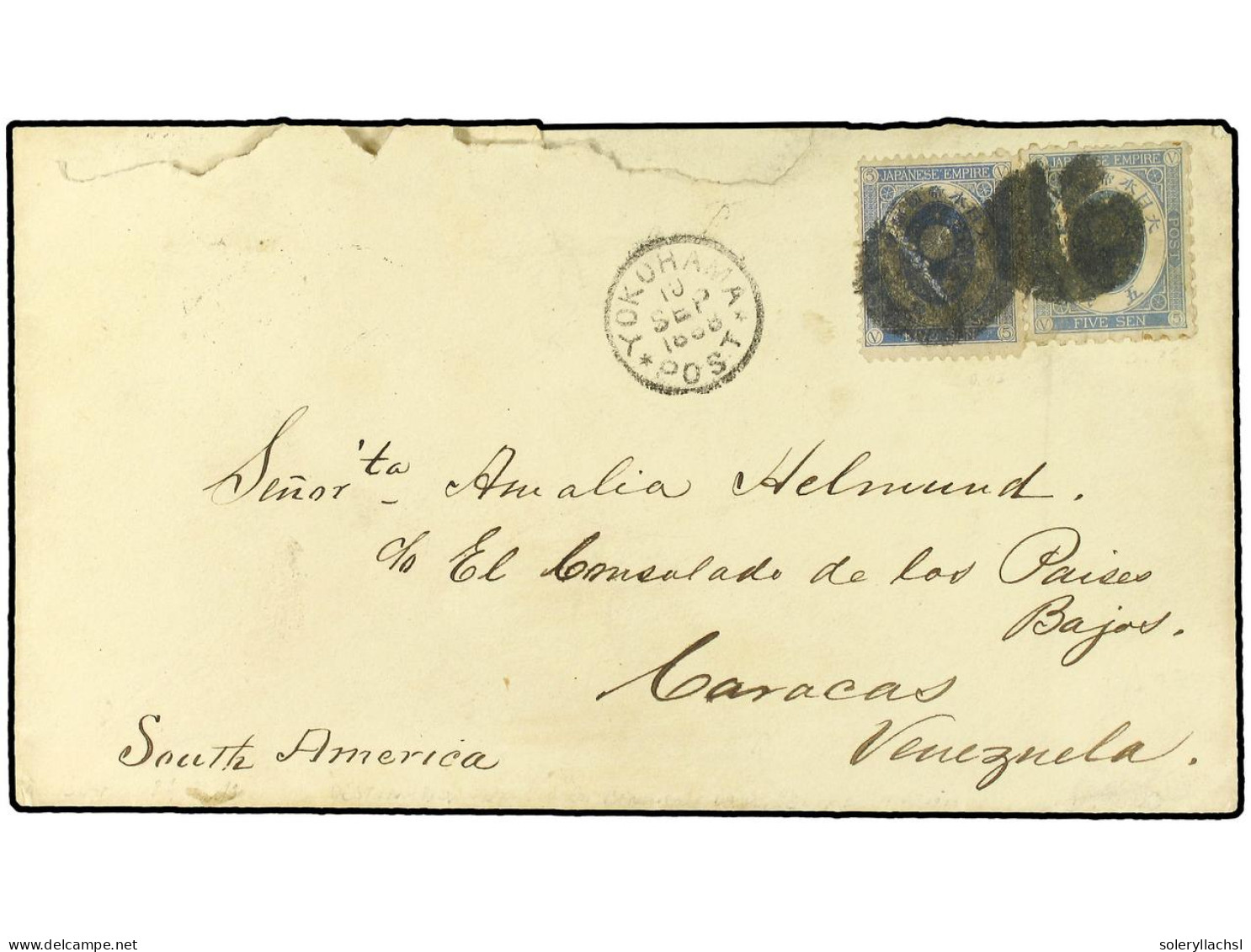 JAPON. 1889. Destination Mail Envelope To CARACAS (Venezuela) Bearing Koban, 5 Sen Blue (perf. 8 1/2) (SG 115); 5 Sen Bl - Autres & Non Classés