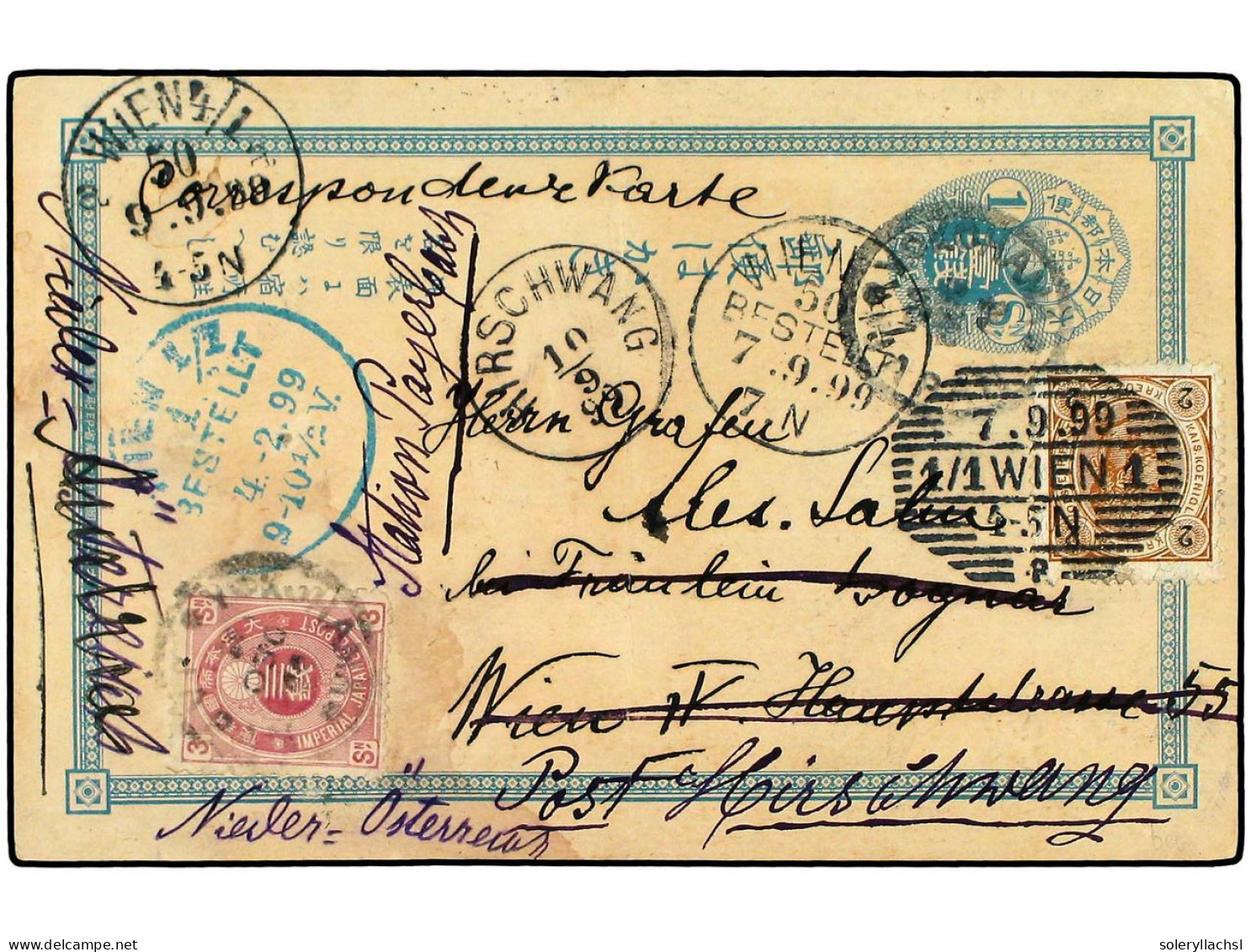 JAPON. 1899. YOKOHAMA A WIEN. Entero Postal De 1 Sen Con Franqueo Complementario De 3 Sen Reexpedido A NIERCER (Austria) - Other & Unclassified