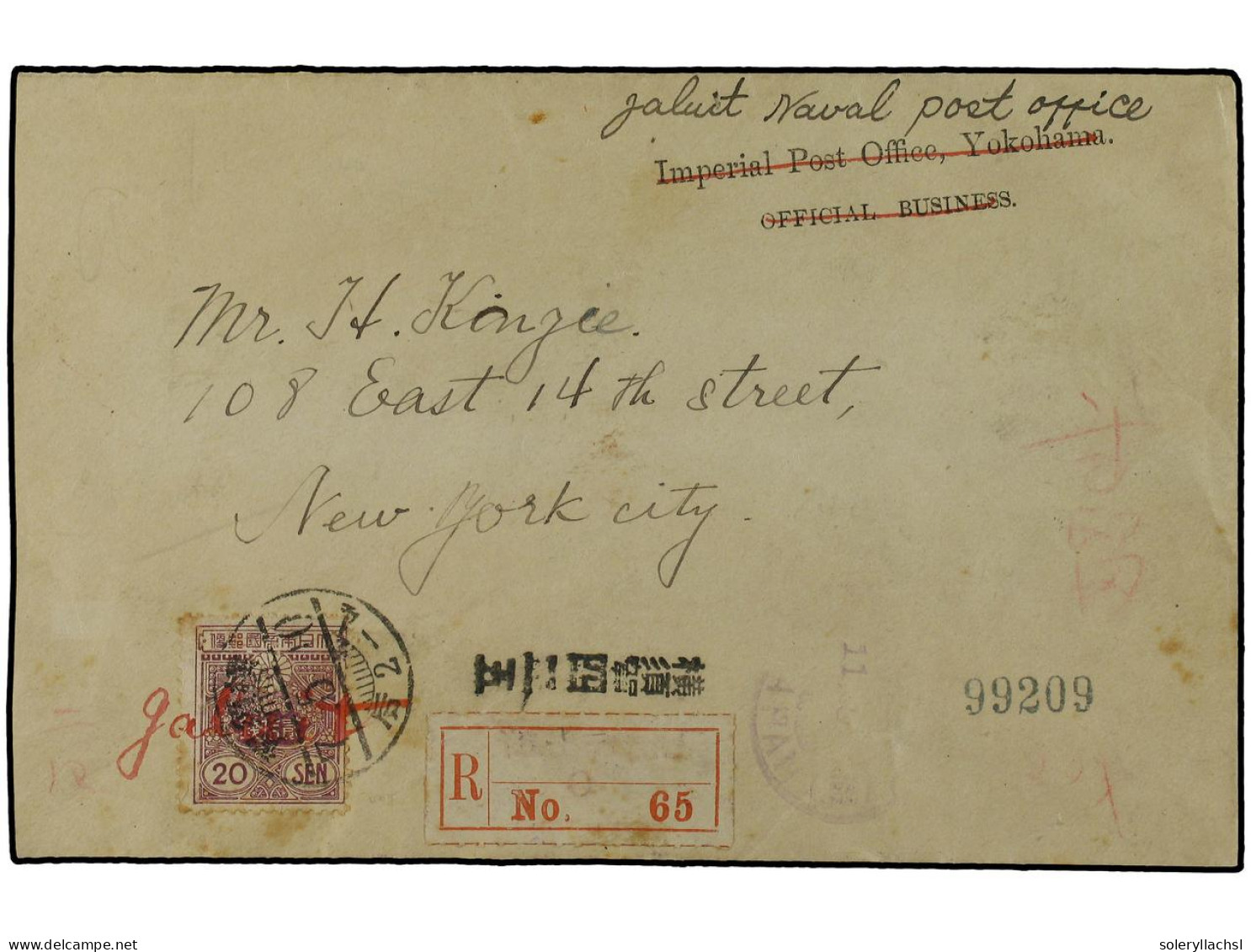JAPON. 1918 (May 7). Registered Cover From The Japanese Naval Base At Jaluit, Marshall Islands Bearing Japan 20s. Red-vi - Andere & Zonder Classificatie