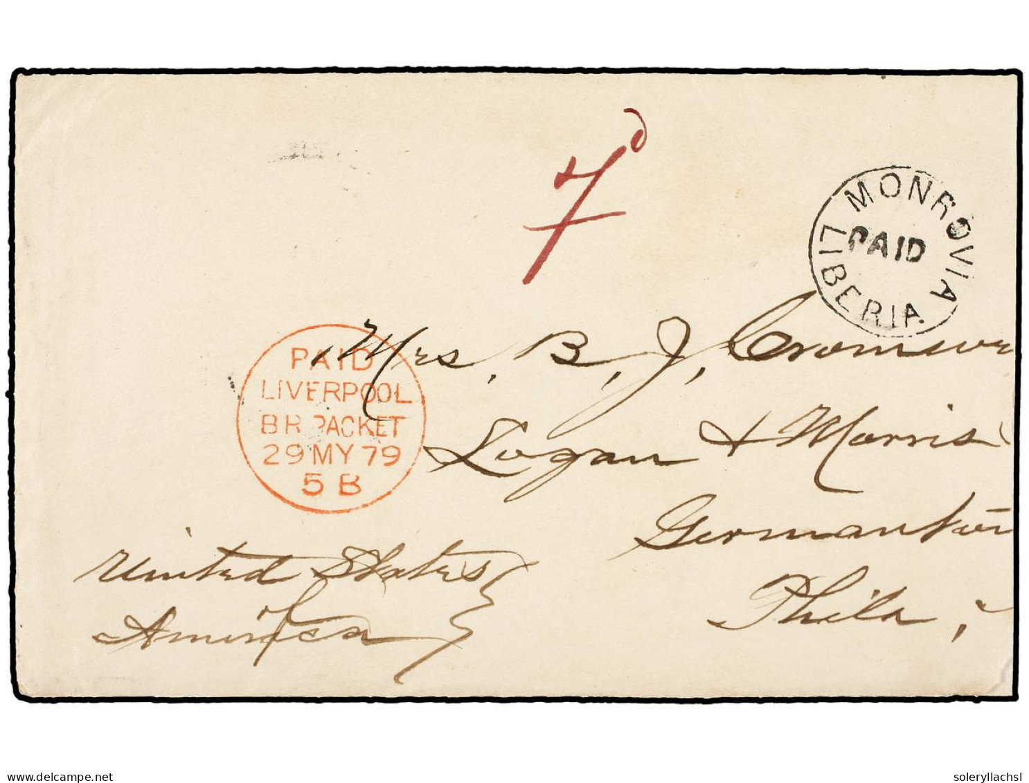 LIBERIA. 1879 (26 Apr.). Envelope, With Full Contents Headed 'U.S. Flag Ship Ticonderoga Monrovia' To PHILADELPHIA With  - Andere & Zonder Classificatie