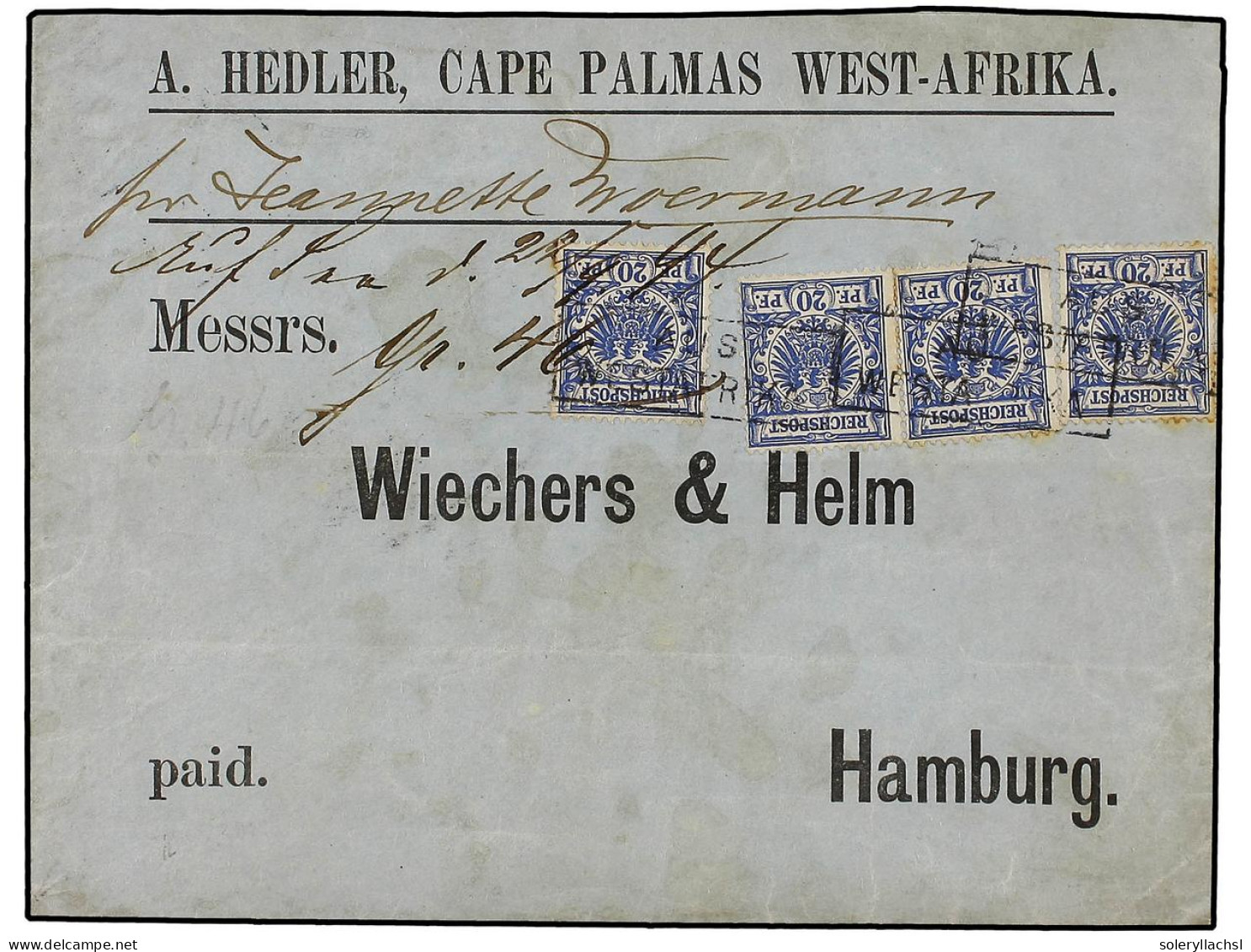 LIBERIA. 1894 (22 Sept). Printed Envelope From CAPE PALMAS 'pr Jeanette Woermann' To HAMBURG, Bearing Germany 1889-1900, - Other & Unclassified