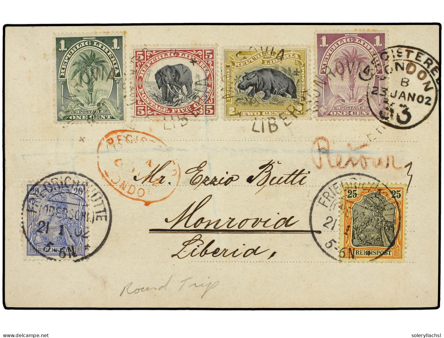 LIBERIA. 1902. MONROVIA To GERMANY And Return. This Registered Picture Post Card Originated At Monrovia Sometime In 1901 - Andere & Zonder Classificatie