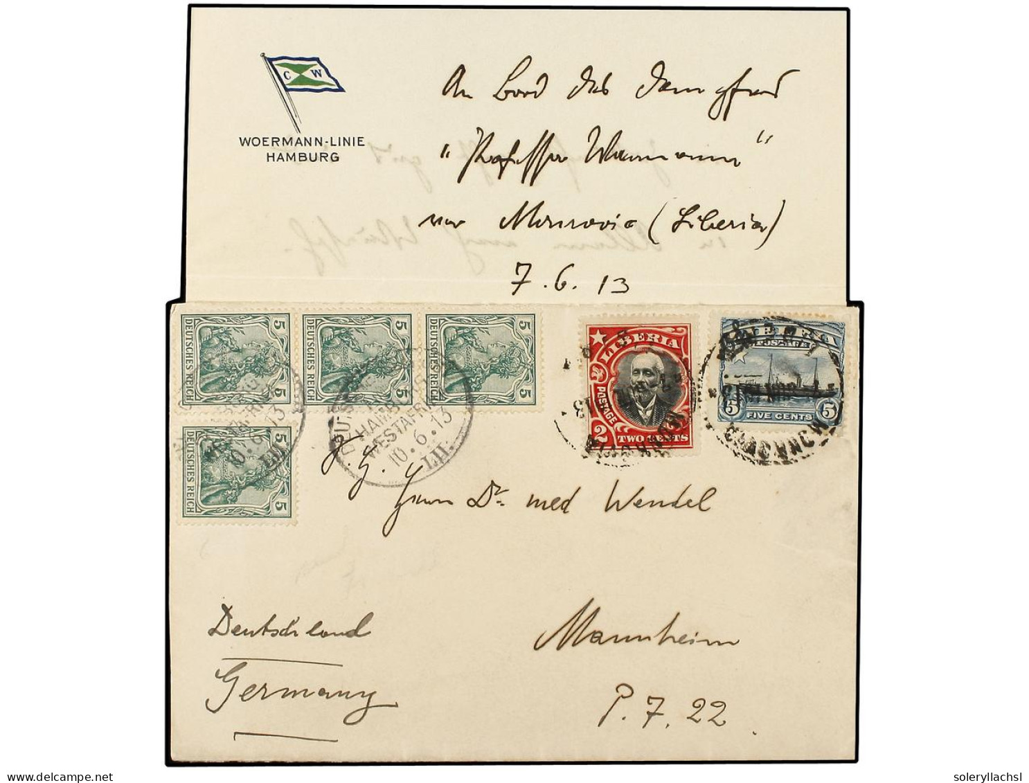 LIBERIA. 1913. MONROVIA To GERMANY. Letter Written Onboard A Steamship Of The Woermann Line. It Was Taken To The Post Of - Sonstige & Ohne Zuordnung