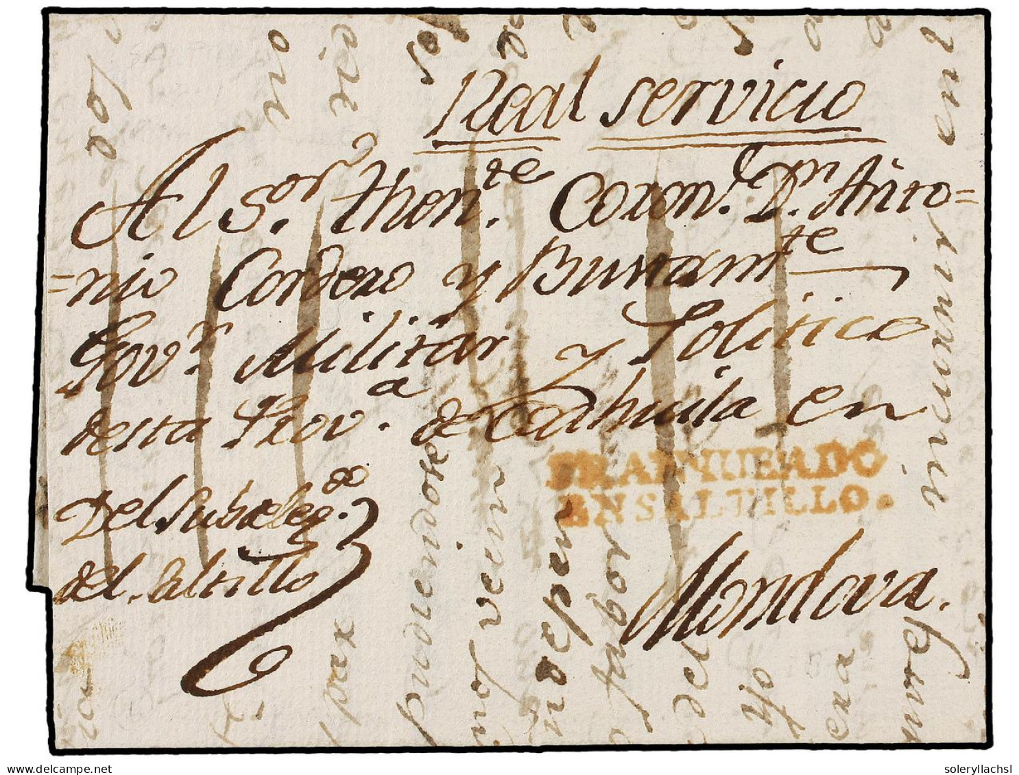 MEXICO. 1801 (9-Oct.). SALTILLO A MONCLOVA. Marca FRANQUEADA/EN SALTILLO En Rojo, Manuscrito 'Real Servicio'. MAGNÍFICA  - Sonstige & Ohne Zuordnung