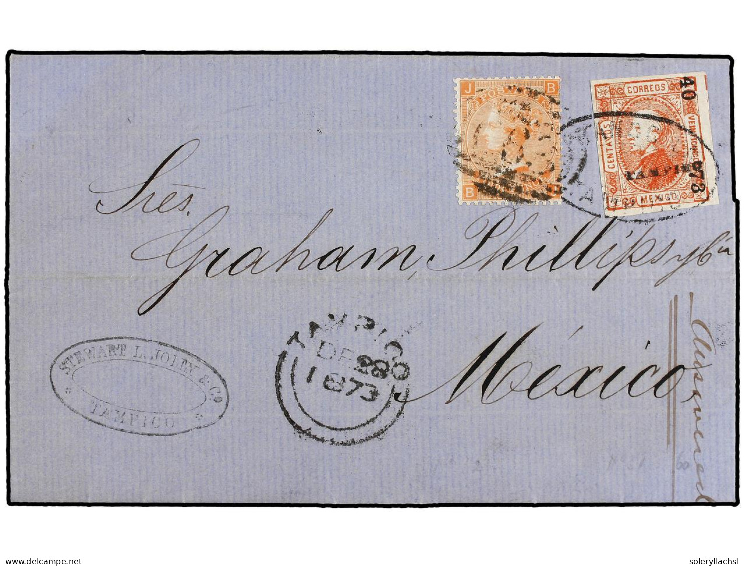 MEXICO. 1873. TAMPILO A VERAZCRUZ. Circulada Con Sello De 25 Ctvos. Rojo Y Sello Británico De 4 D. Naranja, Pl. 13 Mat.  - Other & Unclassified