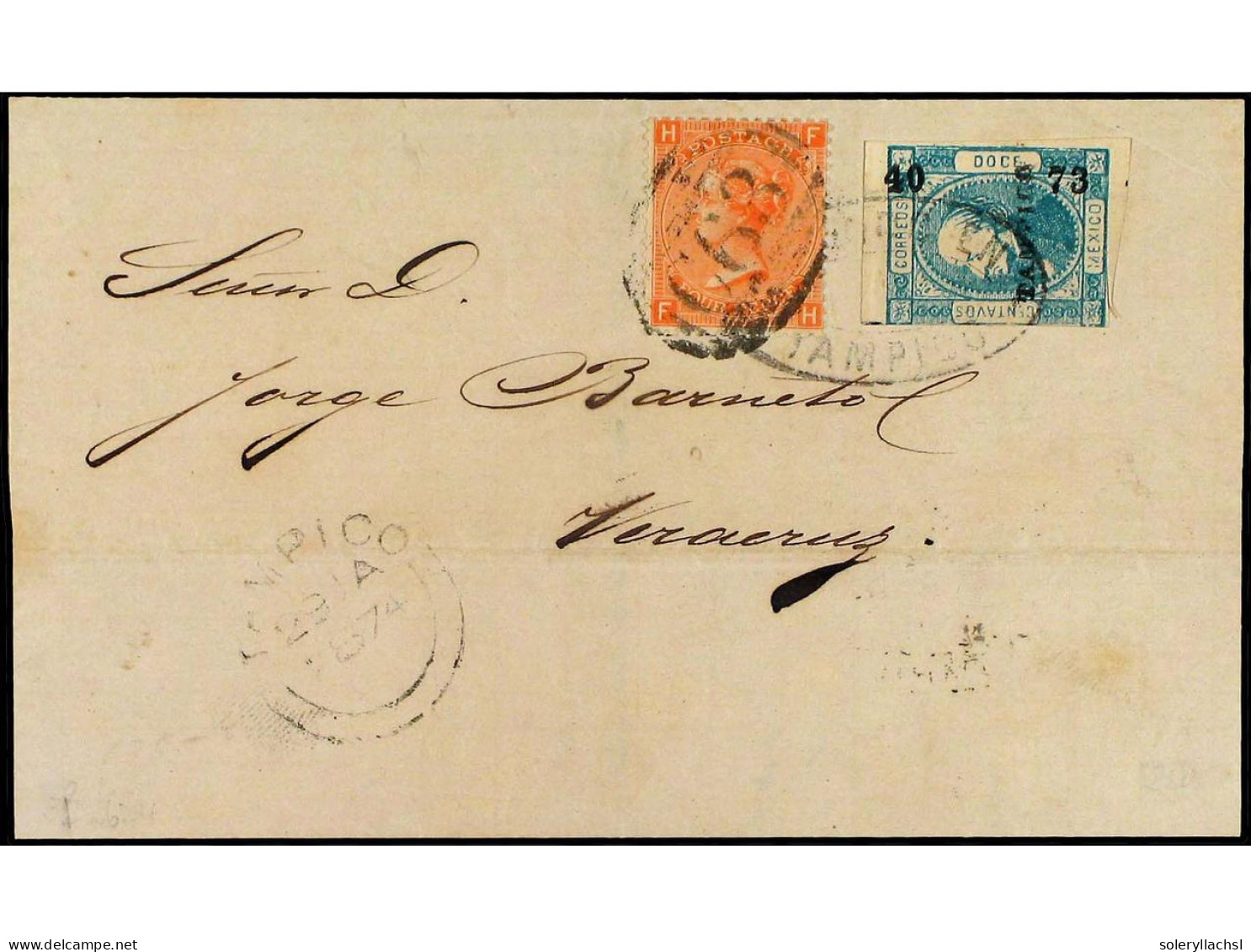 MEXICO. 1874. TAMPICO A VERACRUZ. 12 Ctvos. Azul Para El Pago Del Franqueo Local Y Sello Inglés De 4p. Naranja Para El P - Sonstige & Ohne Zuordnung