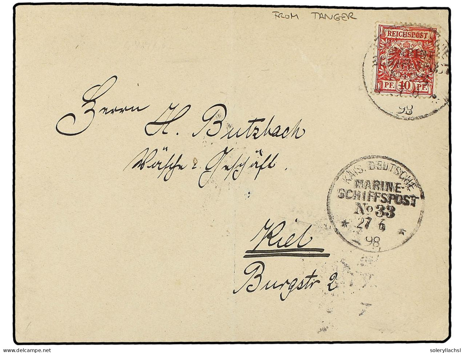 MARRUECOS. 1898 (June 27). Cover From TANGIER To KIEL (Germany) Franked By 1888 10pf. Carmine Tied By KAIS. DEUTSCHE / M - Other & Unclassified