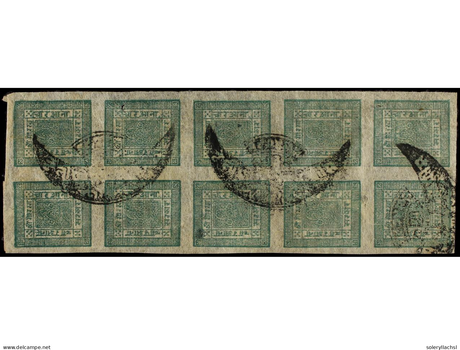 ° NEPAL. 1917. 4 Annas Green, Early Printing. Block Of Ten With Telegraphic Cancel. FINE. Mi.33 (10). - Other & Unclassified