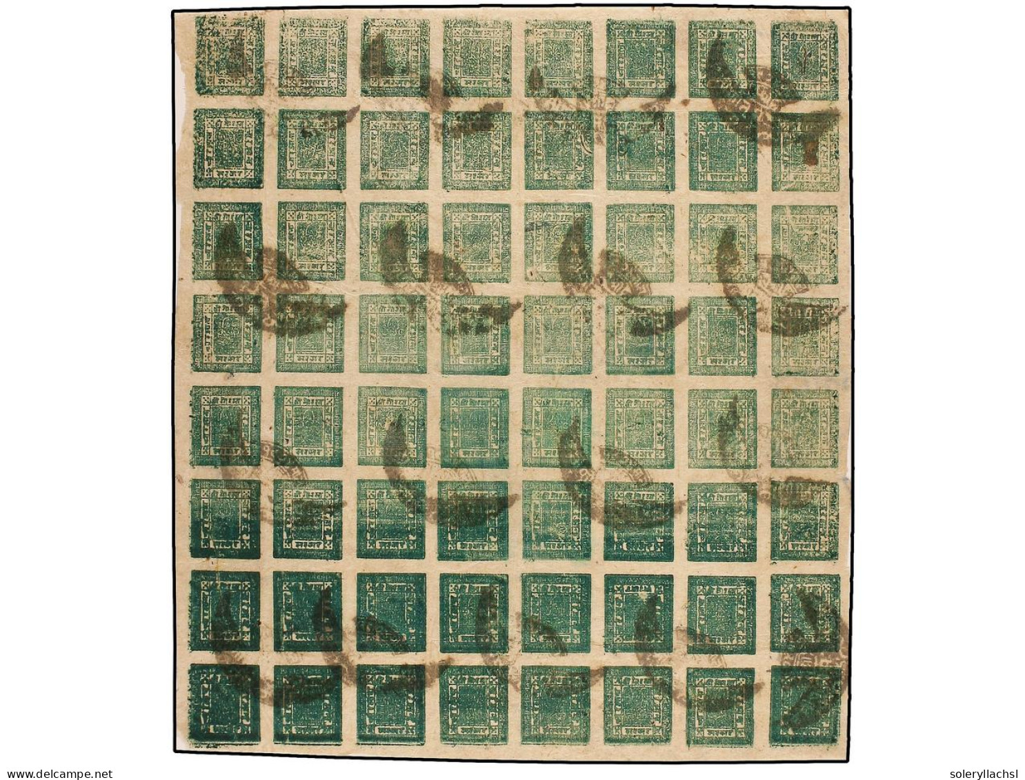 ° NEPAL. 1917-24. 4 Annas Bright Esmerald Green Setting 11, 2 State. Complete Used Sheet Of 64 Stamps (8x8) Pos. 54 Inve - Other & Unclassified