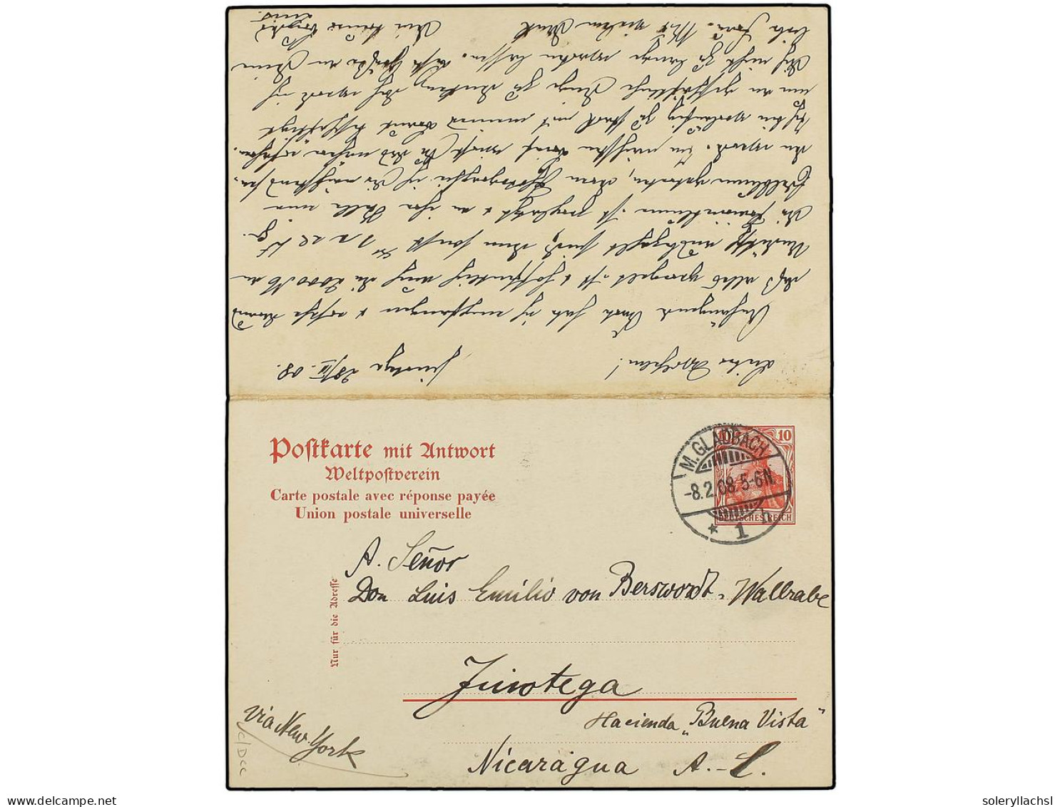 NICARAGUA. 1908. Intact 10pf. + 10pf. Postal Stationery Card To JINOTEGA, Nicaragua, Cancelled M. GLADBACH. Routed Via N - Andere & Zonder Classificatie