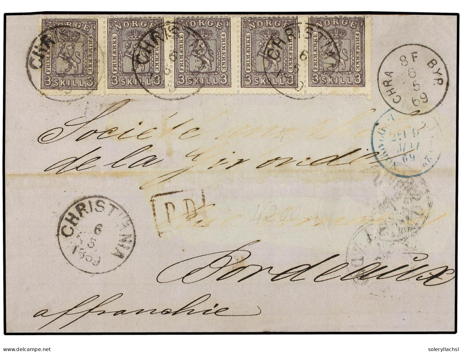 NORUEGA. 1869 (May 6). Cover To Bordeaux Franked By Scarce Usage Of 1867-68 3sk3. Dull Lilac Tied By Christiania Cds's.  - Sonstige & Ohne Zuordnung