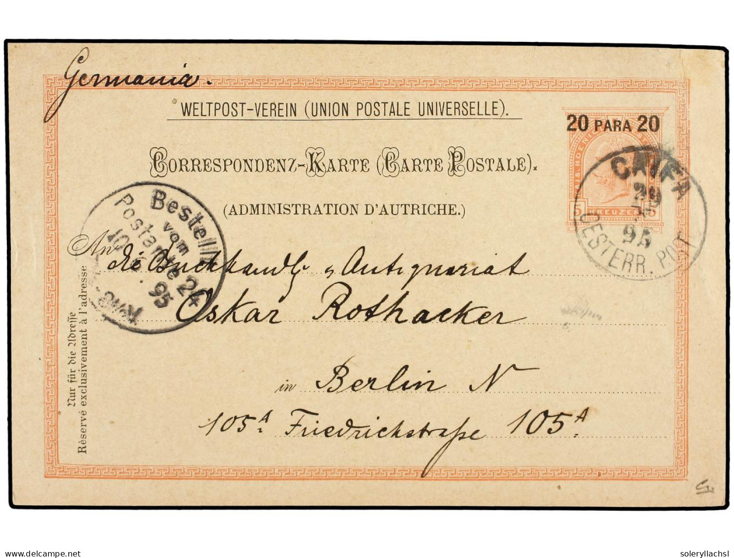 PALESTINA. 1895 (May 29). 20pa. On 5kr. Rose On Buff Postal Stationery Card (Michel P10) Used To BERLIN Tied By Superb S - Sonstige & Ohne Zuordnung