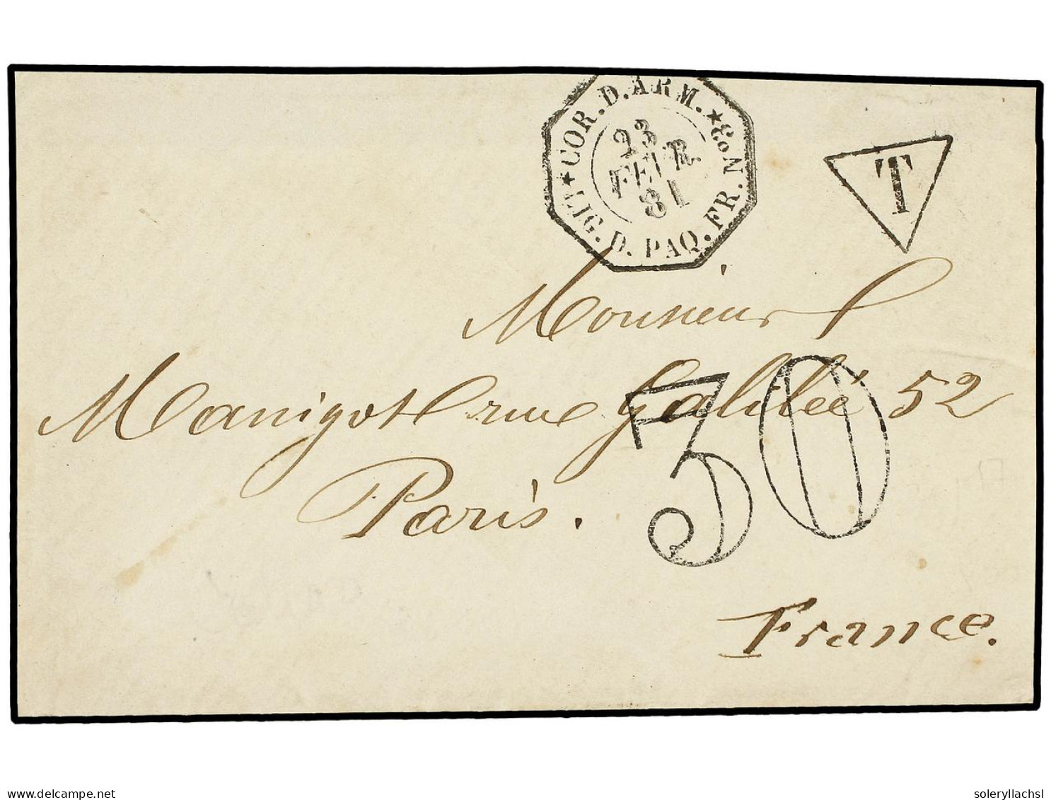 PANAMA. 1881 (23 Febrero). Sobre Dirigido A FRANCIA. Marca Marítima Francesa COR. D. ARM./LIG. D. PAQ. FR. Nº 3 (Salles  - Other & Unclassified