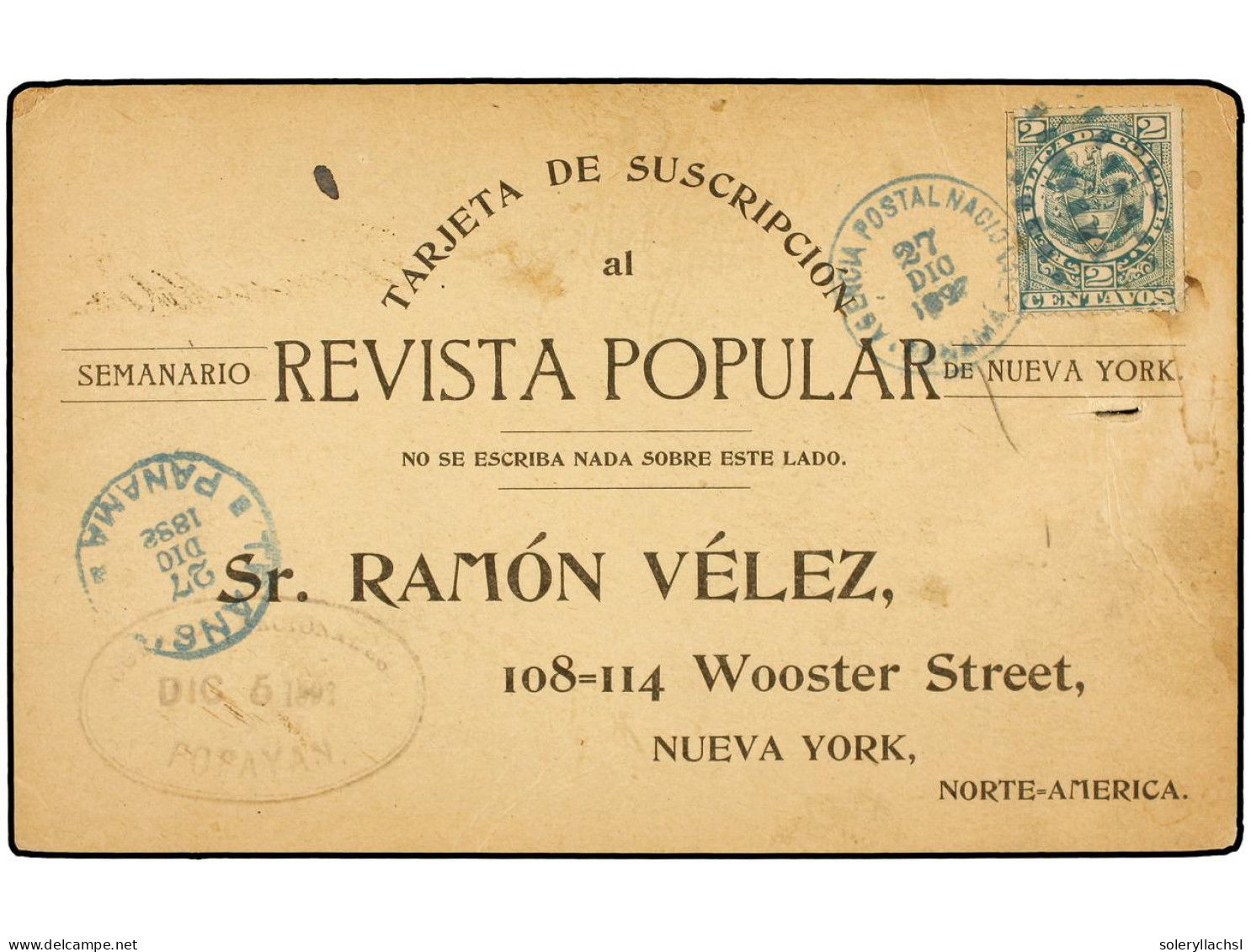 PANAMA. 1888. PANAMÁ A NEW YORK. Tarjeta Postal Con Respuesta Comercial Franqueada Con Sello De Colombia De 1 Ctvo. (Sc. - Other & Unclassified