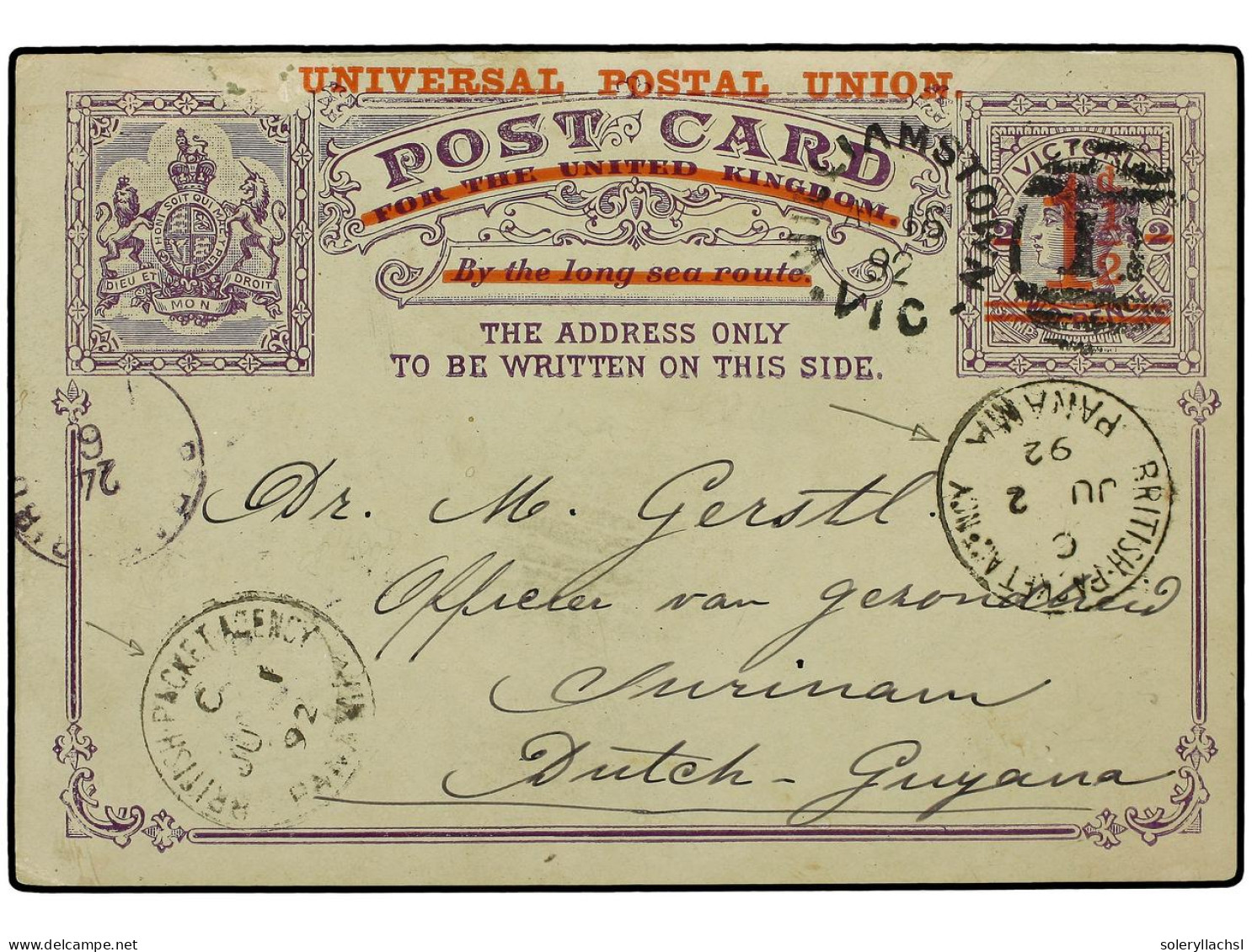 PANAMA. 1892 (April 18). 1891 1 1/2 On 2d Violet Postal Stationery Postcard With Red UNIVERSAL POSTAL UNION Surcharge, F - Other & Unclassified