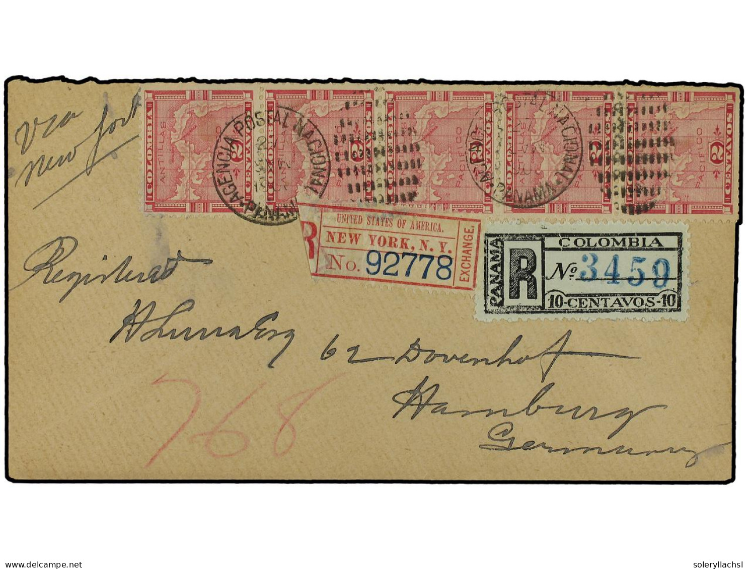 PANAMA. 1900 (March 27). Registered Cover To Germany Via New York Franked By Vertical Strip Of Five 1892 2c. Rose Tied B - Other & Unclassified