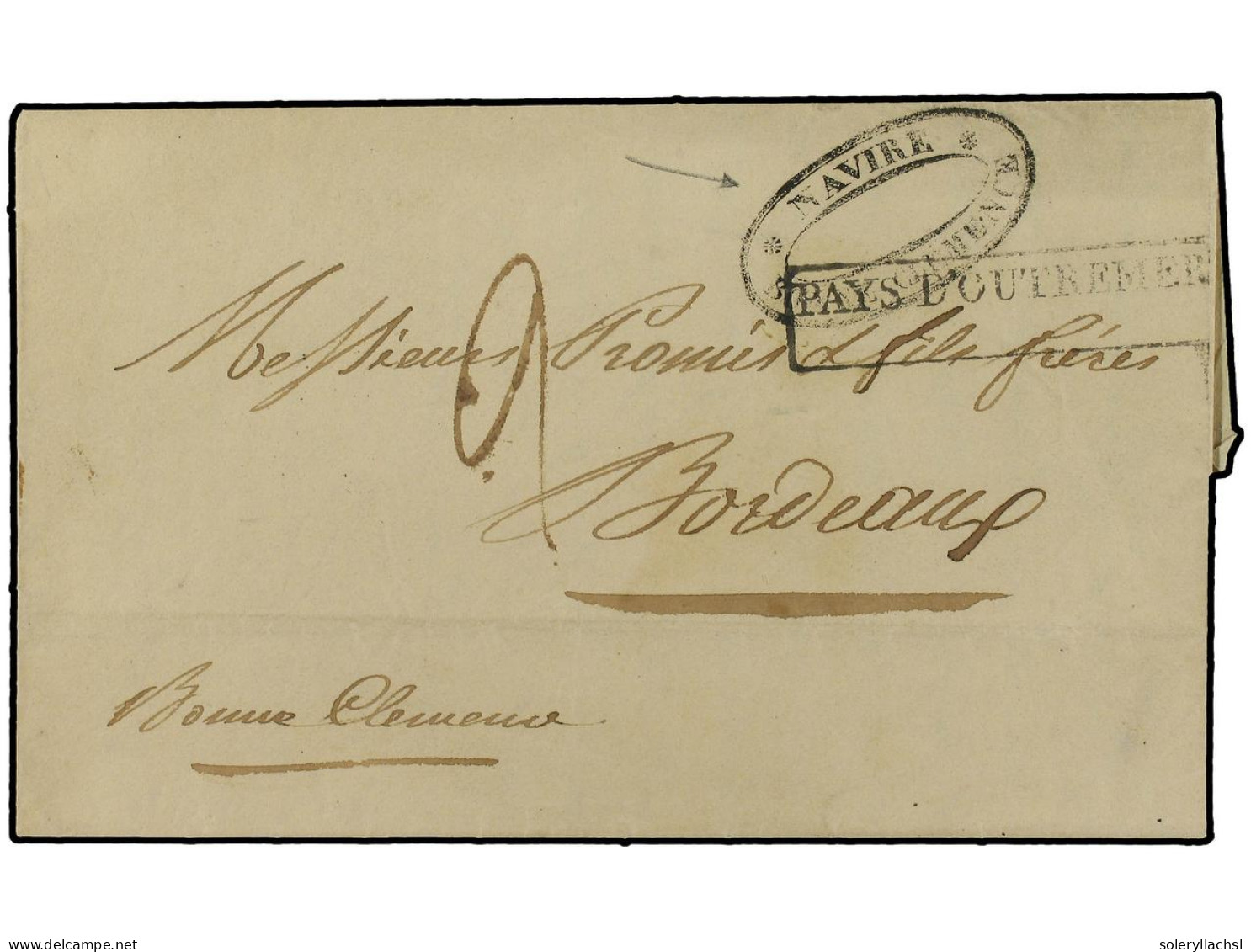 PERU. 1835 (Oct 17). Entire Letter From LIMA To BORDEAUX Endorsed 'Bonne Clemence' With Very Rare Oval NAVIRE*BONNE CLEM - Autres & Non Classés