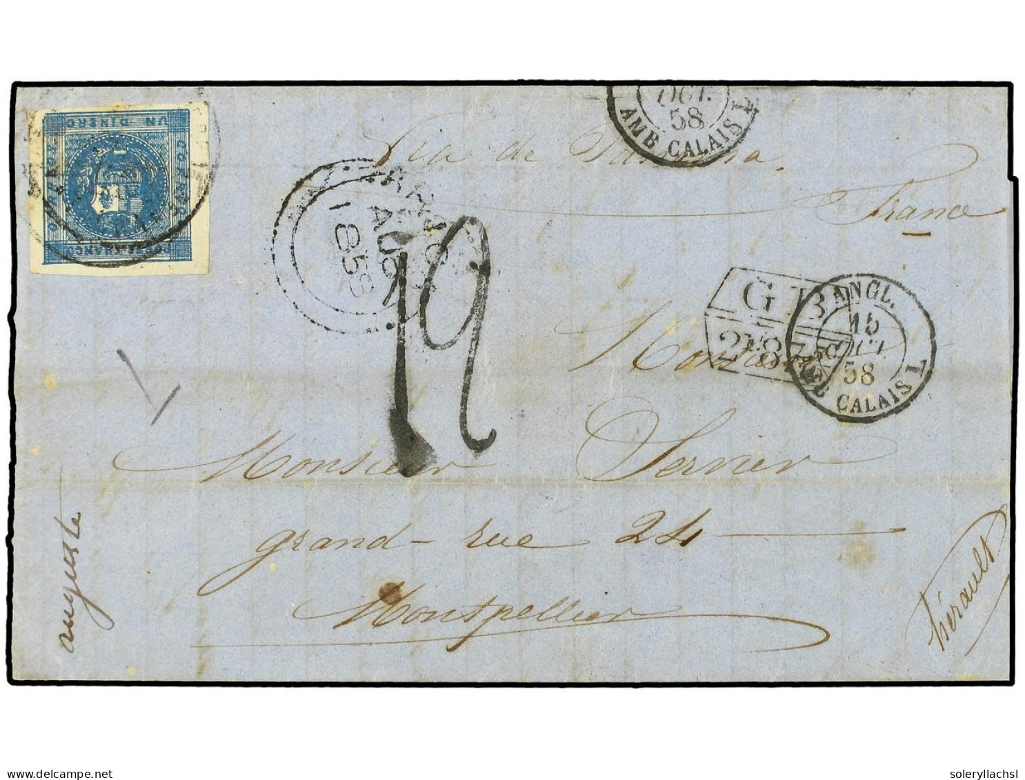 PERU. 1858 (Aug 6). Large Part Entire Letter To France Franked By 1858 1d. Deep Blue With Four Margins And Tied By Black - Sonstige & Ohne Zuordnung