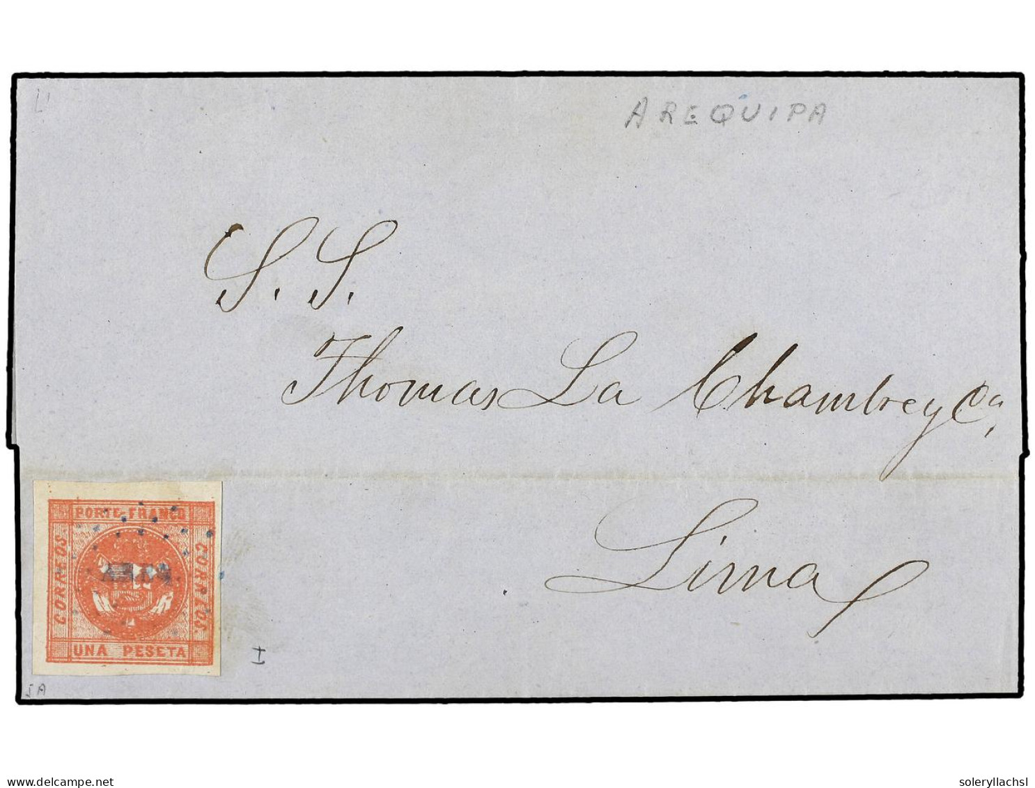 PERU. 1858 (6 Diciembre). AREQUIPA A LIMA. 1 Peseta Rosa Oscuro. Mat. De Puntos AREQ. En Azul. MUY RARA Tonalidad De Col - Other & Unclassified