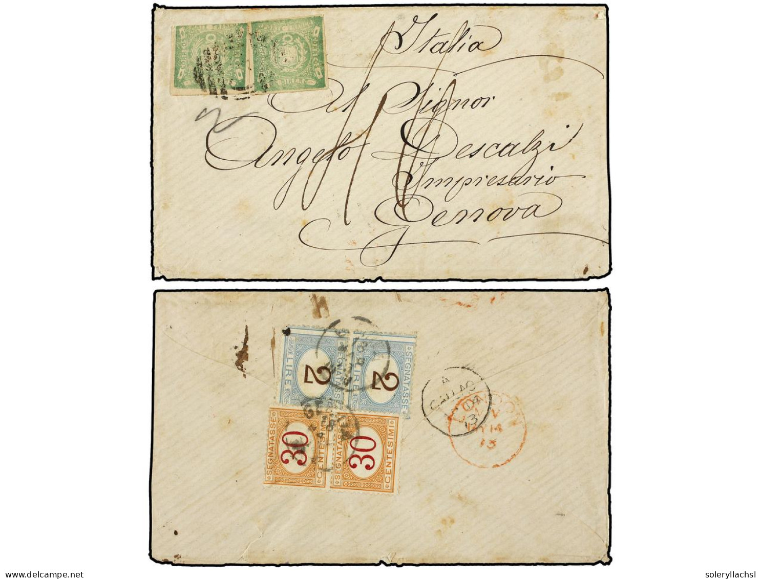 PERU. 1873. CALLAO A GÉNOVA (Italia). 1 Dinero Verde (2). Mat. De La B.P.O. De Callao C38. Tasada A La Llegada Con 4 Lir - Other & Unclassified
