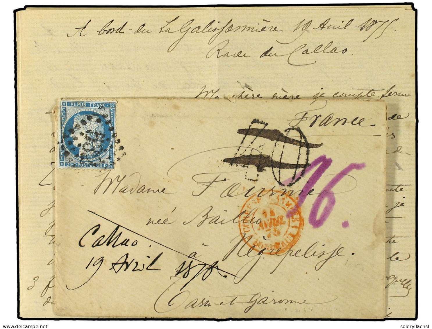 PERU. 1875. CALLAO A FRANCIA. Carta Escrita A Bordo Del Buque De Guerra Francés 'La Galissonniere' Franqueada Con Sello  - Andere & Zonder Classificatie