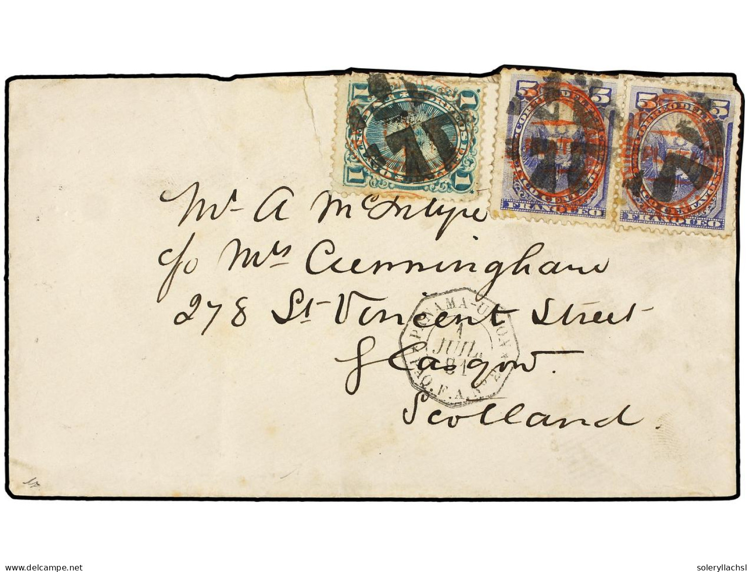 PERU. 1881. Circulada A GB. 1 Cto. Verde Y 5 Cts. Azul (2), Habilitadas U.P.U./LIMA Mat. CRUZ DE CORCHO Y Fechador Octog - Sonstige & Ohne Zuordnung