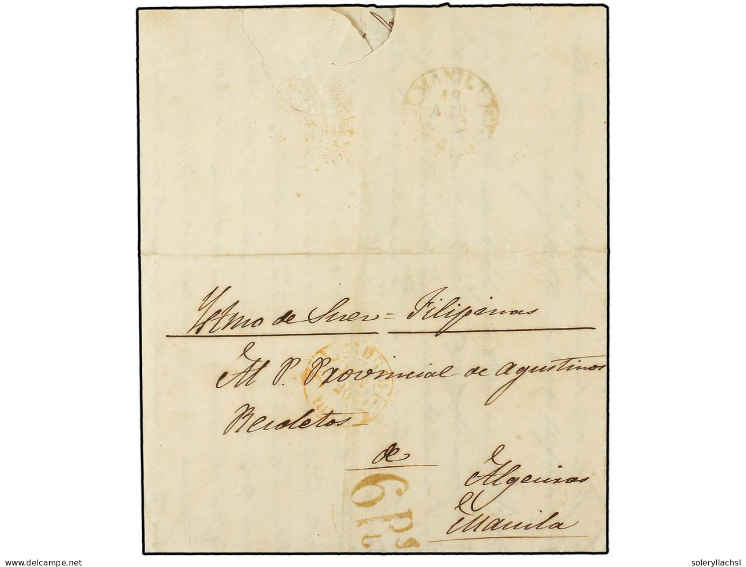 FILIPINAS. 1852 (Agosto). MADRID To MANILA. Circulada Con Fechador De MADRID En Rojo Y A La Llegada Marca De Tasa De 6 R - Other & Unclassified