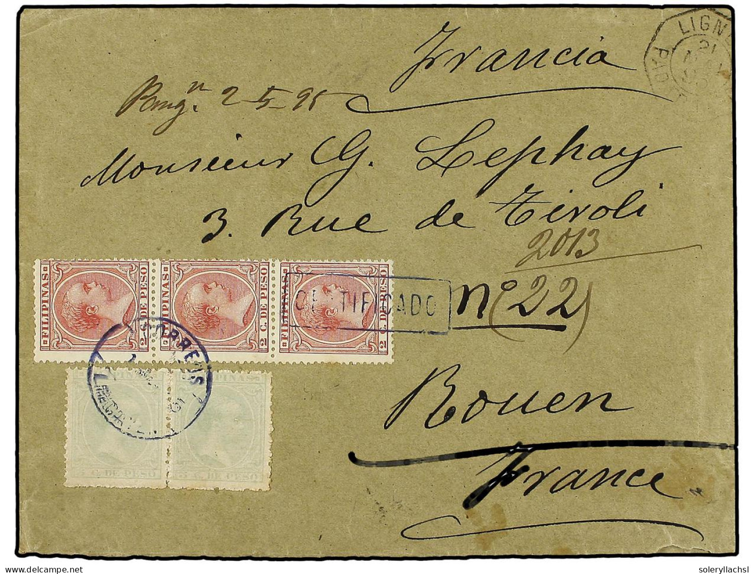FILIPINAS. 1895. LINGAYEN A FRANCIA. 2 Cts. Rojo (3) Y 5 Cts. Verde (2). Mat. CORREOS/LINGAYEN Y Marca Lineal CERTIFICAD - Other & Unclassified