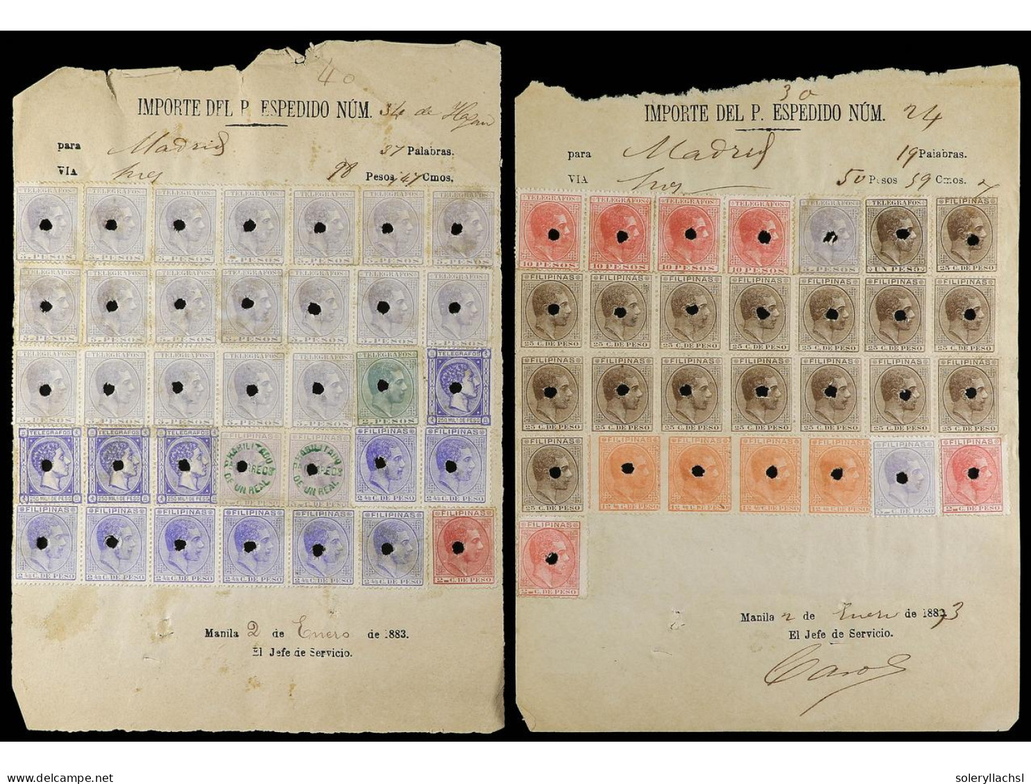 FILIPINAS. 1882-1883. RECEIPTS Of TELEGRAMS With Oustanding Frankins. - Other & Unclassified