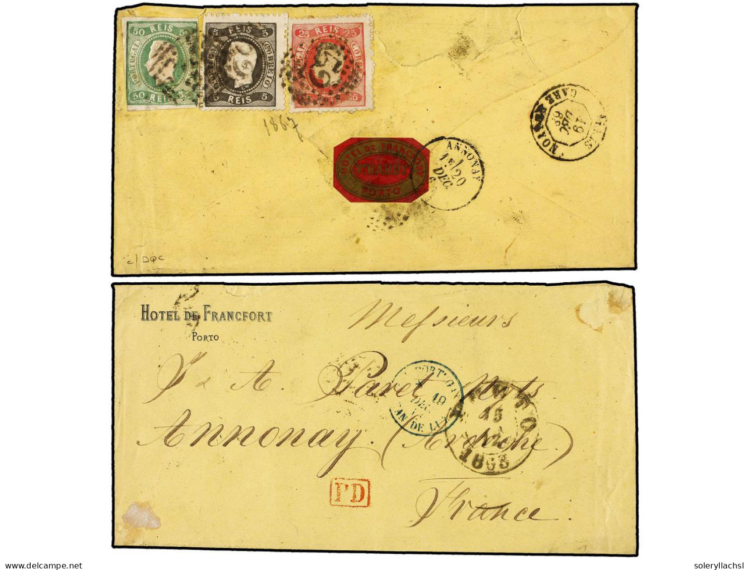 PORTUGAL. 1868 (Dec. 15). Cover From PORTO To ANNONEY (France) Franked On Reverse With Unusual Usage Of Imperforate 1866 - Autres & Non Classés