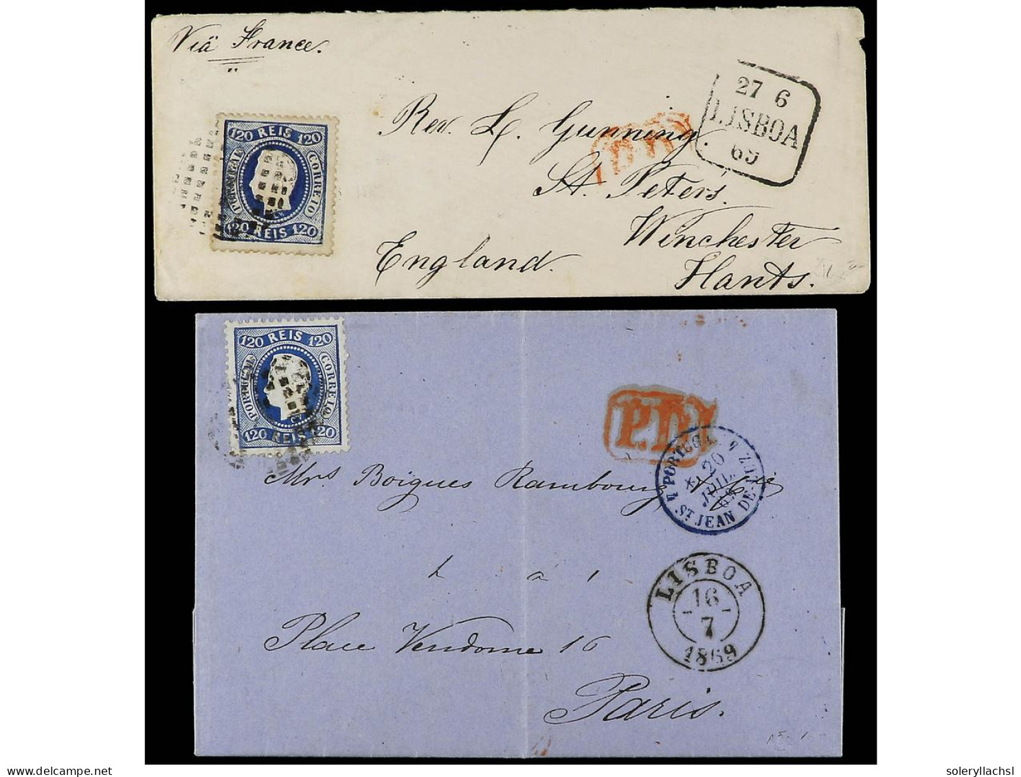 PORTUGAL. 1869. 2 Covers With 120 Reis Stamp To France And Great Britain. - Sonstige & Ohne Zuordnung