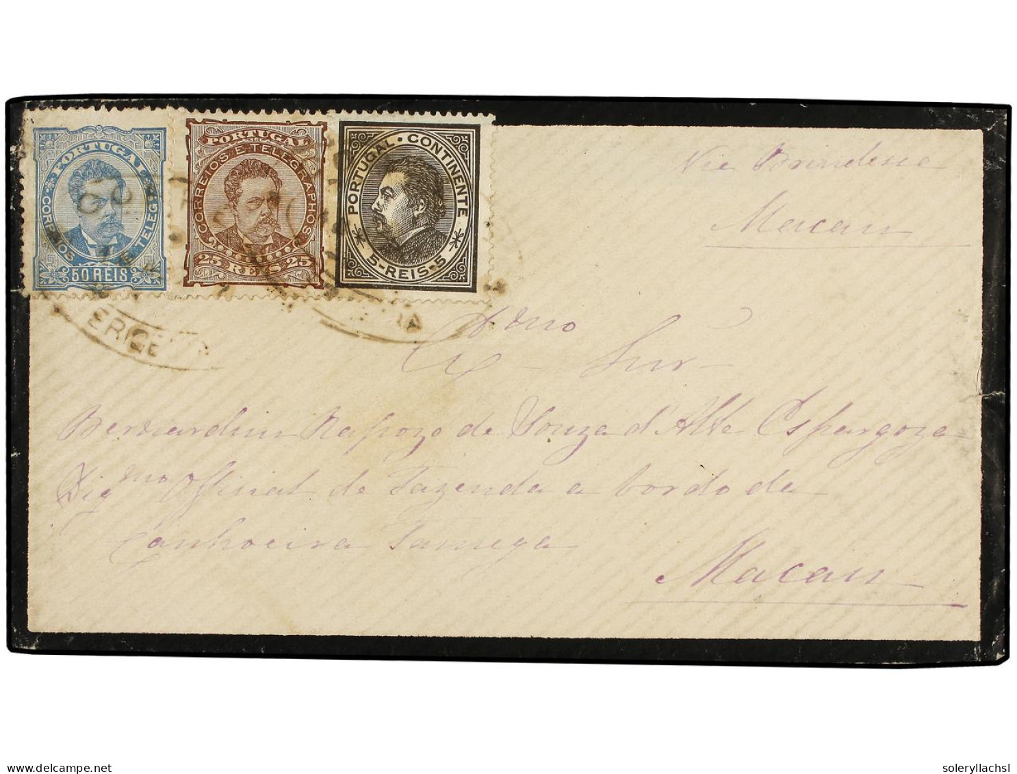 PORTUGAL. 1887. PORTUGAL A MACAO. 5 Reis Negro, 25 Reis Castaño Y 50 Reis Azul. Precioso Franqueo Tricolor. Rara Destina - Other & Unclassified