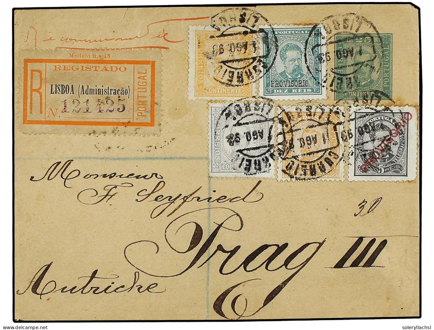 PORTUGAL. 1893. LISBOA A PRAGA. Entero Postal De 25 Reis Verde Con Franqueo Adicional De 5 Reis (2), 50 Reis Y Sellos Co - Other & Unclassified