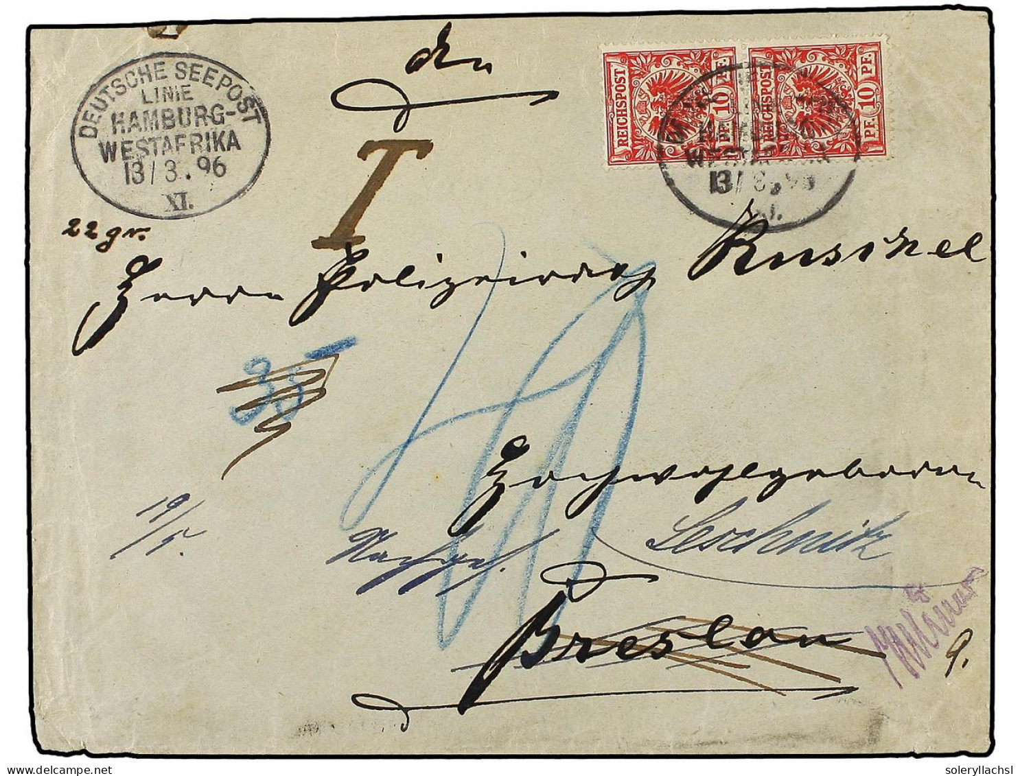 ANGOLA. 1896 (March 13). Cover Sent To Breslau From Loanda, Underpaid And Found To Be Double Rate (22 Grams In Manuscrip - Other & Unclassified