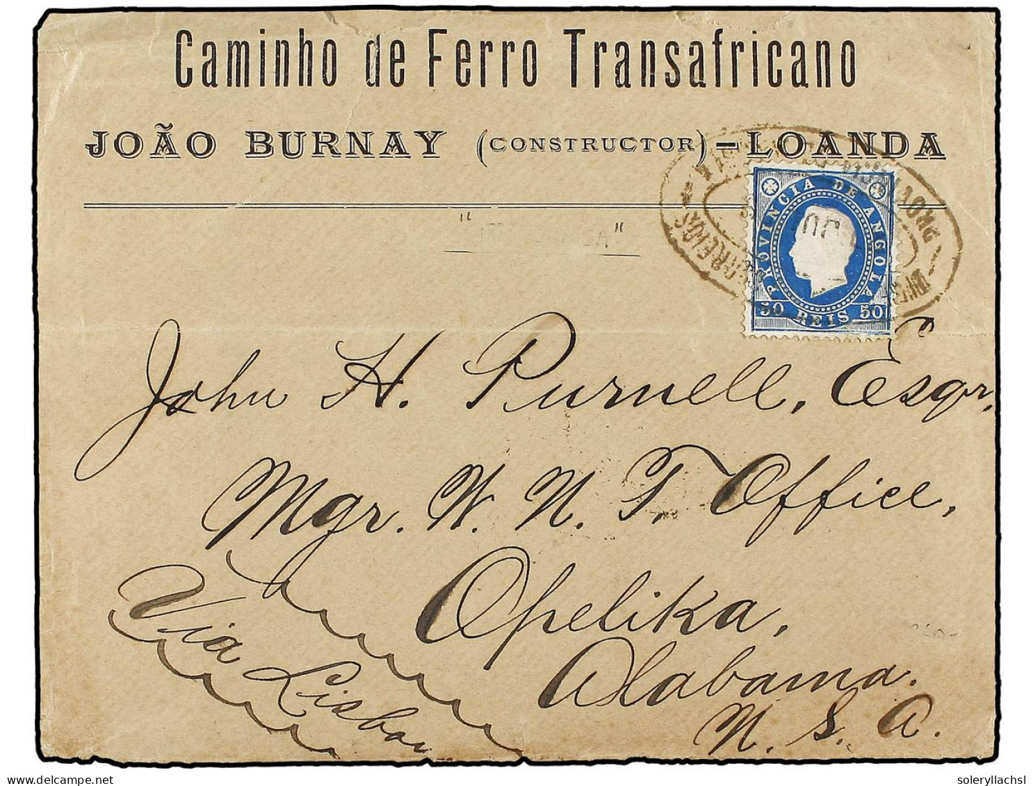 ANGOLA. 1889. CUNGA (Angola) A U.S.A. Sobre Del CAMINHO DE FERRO TRANSAFRICANO Con El Texto Interior, Circulado Con Sell - Autres & Non Classés