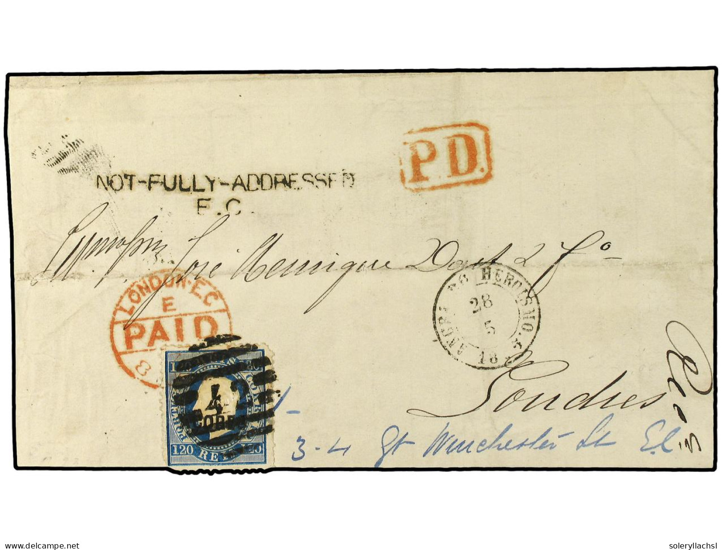PORTUGAL: AZORES. 1875. Cover To London Franked By Overprinted 1870 120 Reis Blue, Faults, Tied By '42' Numeral Handstam - Other & Unclassified