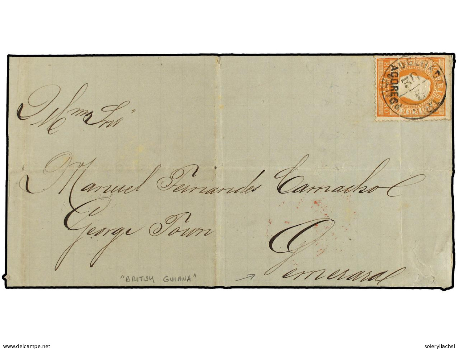 PORTUGAL: AZORES. 1881 (May 30). Outer Letter Sheet To Georgetown, Demerara, British Guiana Franked By Single Overprinte - Andere & Zonder Classificatie