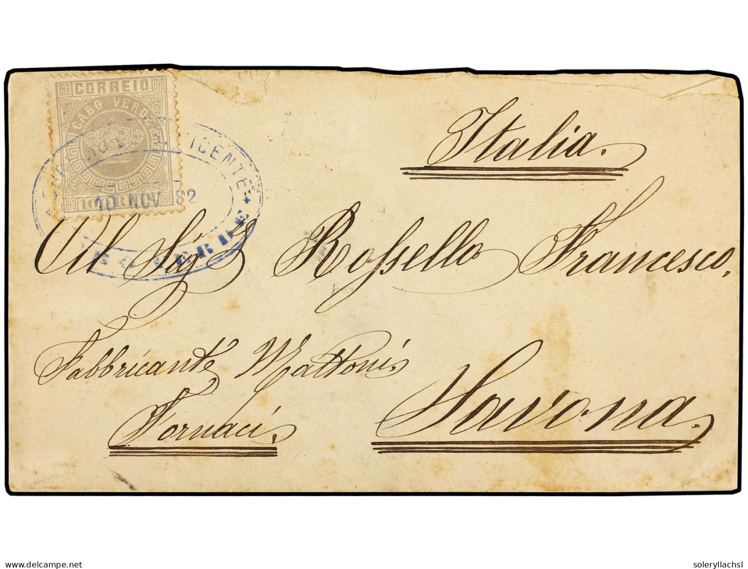 CABO VERDE. 1882 (Nov 10). Cover To SAVONA (Italy) Franked By 1877 Crown 100r. Lilac Tied By Oval CORREOS DE SAN VICENTE - Andere & Zonder Classificatie