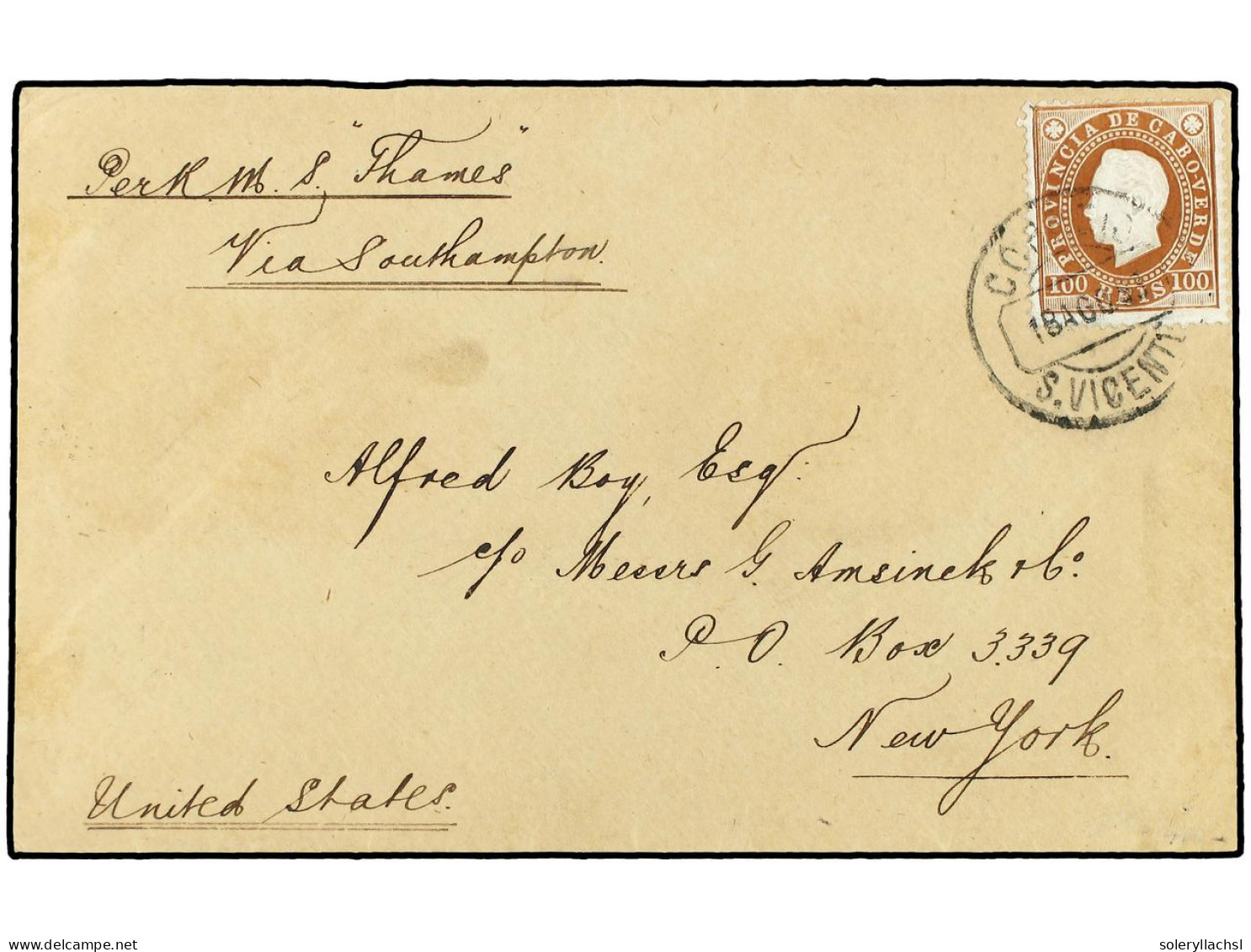 CABO VERDE. 1888 (Aug 18). Cover To NEW YORK Endorsed 'per R.M.S. Thames, Via Southampton' Franked By 1886 100r. Yellow  - Autres & Non Classés