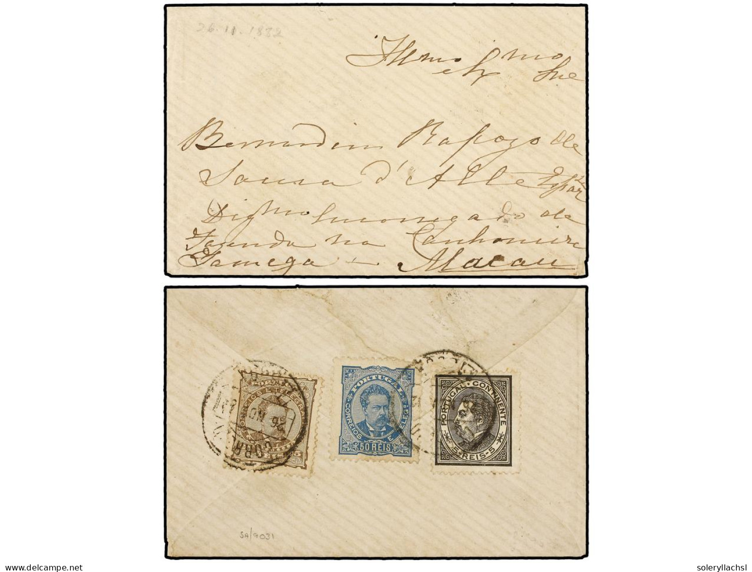 MACAO. 1882. LISBOA A MACAO. 5 Reis Negro, 25 Reis Bistre Y 50 Reis Azul. Muy Bonito Franqueo Tricolor. Rara Destinación - Sonstige & Ohne Zuordnung