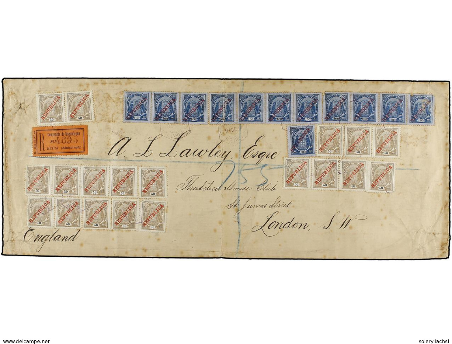 MOZAMBIQUE. 1911 (Oct 9). Large Registered Cover To The 'Thatched House Club' In St. James's, London Franked By Extraord - Andere & Zonder Classificatie