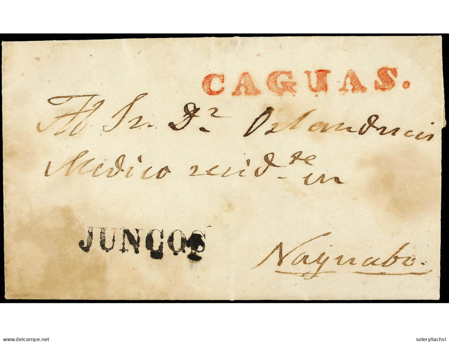 PUERTO RICO. 1845 (28-Nov.). JUNCOS A NAGUABO. Marca Lineal JUNCOS En Negro Y CAGUAS En Rojo. Excepcional Y ÚNICA CONOCI - Other & Unclassified