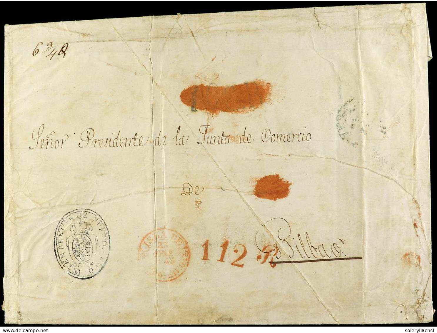 PUERTO RICO. 1845 (23 Enero). Gran Plica De SAN JUAN  A BILBAO. Fechador PUERTO RICO (PE 6) En Rojo Y Tasa De Porteo 112 - Autres & Non Classés