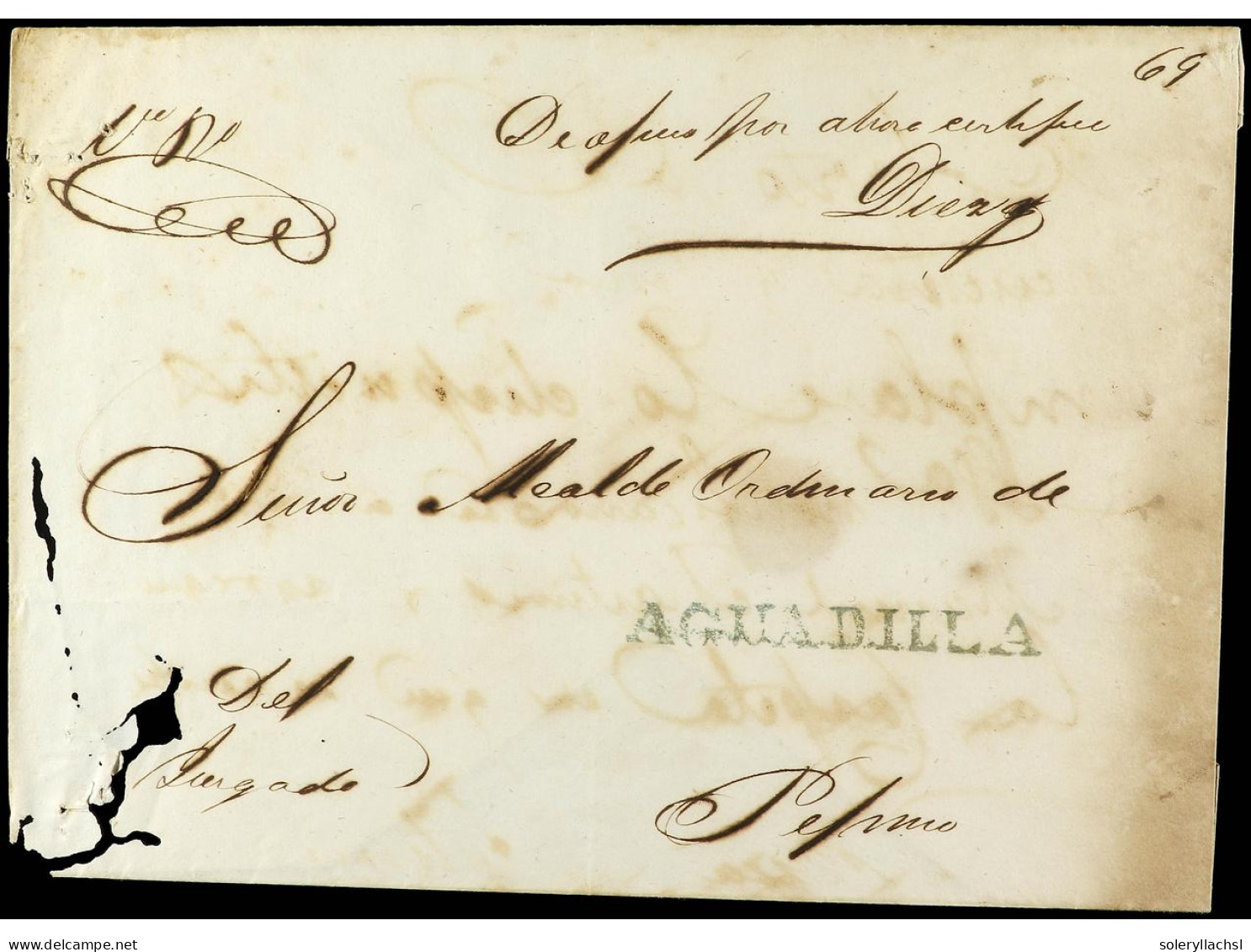 PUERTO RICO. (1850 Ca.). Sobre Sin Fechar A PEPINO. Marca En Verde AGUADILLA. Algún Roído (worm Holes). RARÍSIMA. Ex. Ga - Sonstige & Ohne Zuordnung