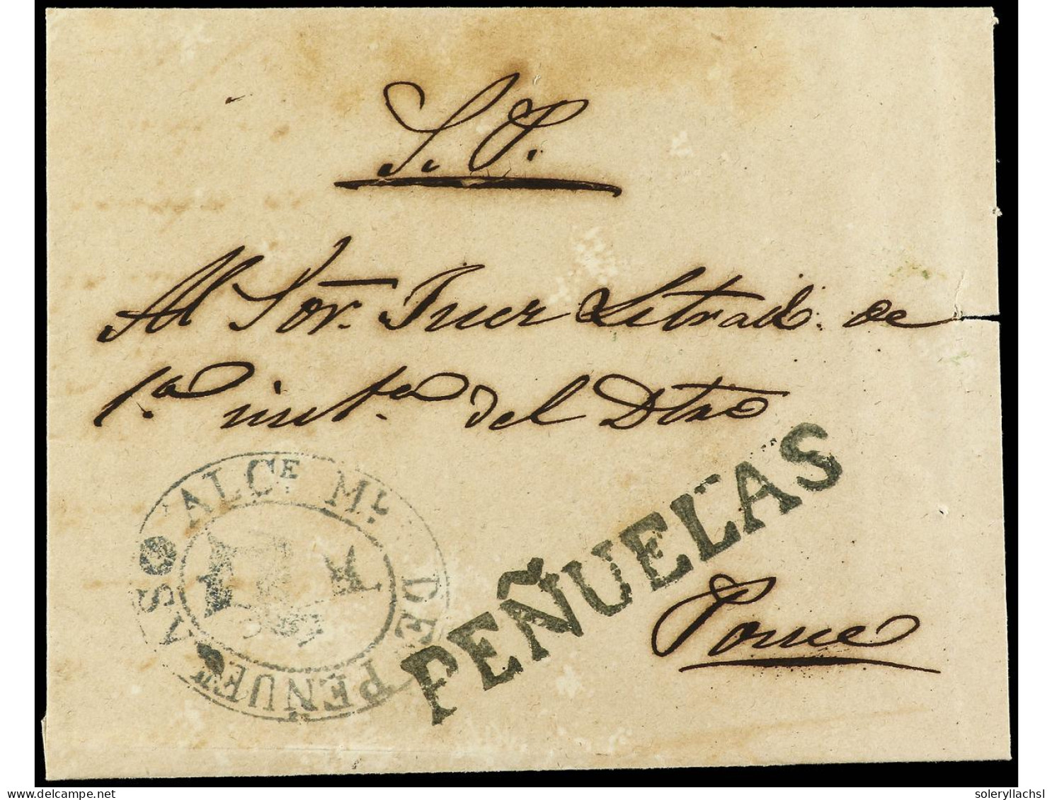 PUERTO RICO. (1850 Ca.). Sobre Sin Fechar A PONCE. Marcas De ALCALDIA Y PEÑUELAS En Negro Verdoso. RARÍSIMA. (PE 1). - Other & Unclassified