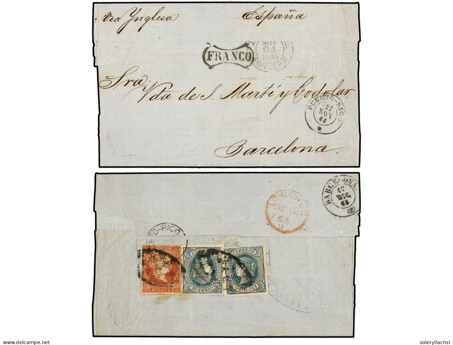 PUERTO RICO. 1865. PONCE A ESPAÑA Vía San Juan Y Londres. Envuelta De Carta (faltan Las Dos Solapas Laterales) Con Fanqu - Autres & Non Classés