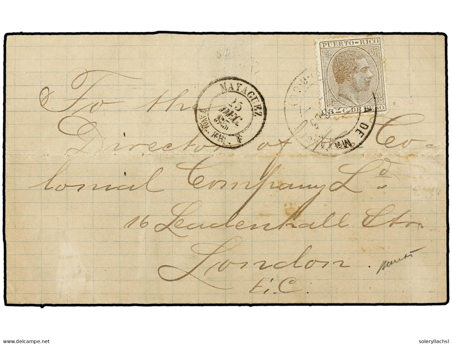 PUERTO RICO. 1885. MAYAGUEZ A LONDRES. 8cts. Castaño. Mat. PLAYA DE MAYAGUEZ/PUERTO RICO Y Fechador Marítimo Francés MAY - Other & Unclassified