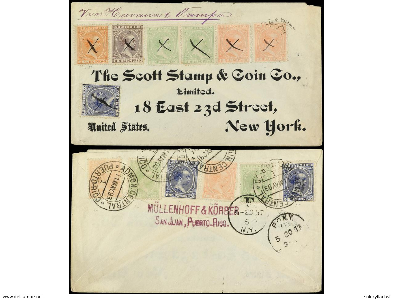 PUERTO RICO. 1893. SAN JUAN A NEW YORK. Espectacular Franqueo En Anverso Y Reverso. Ed.88, 89 (3), 90 (4), 91 (4), 94. - Otros & Sin Clasificación