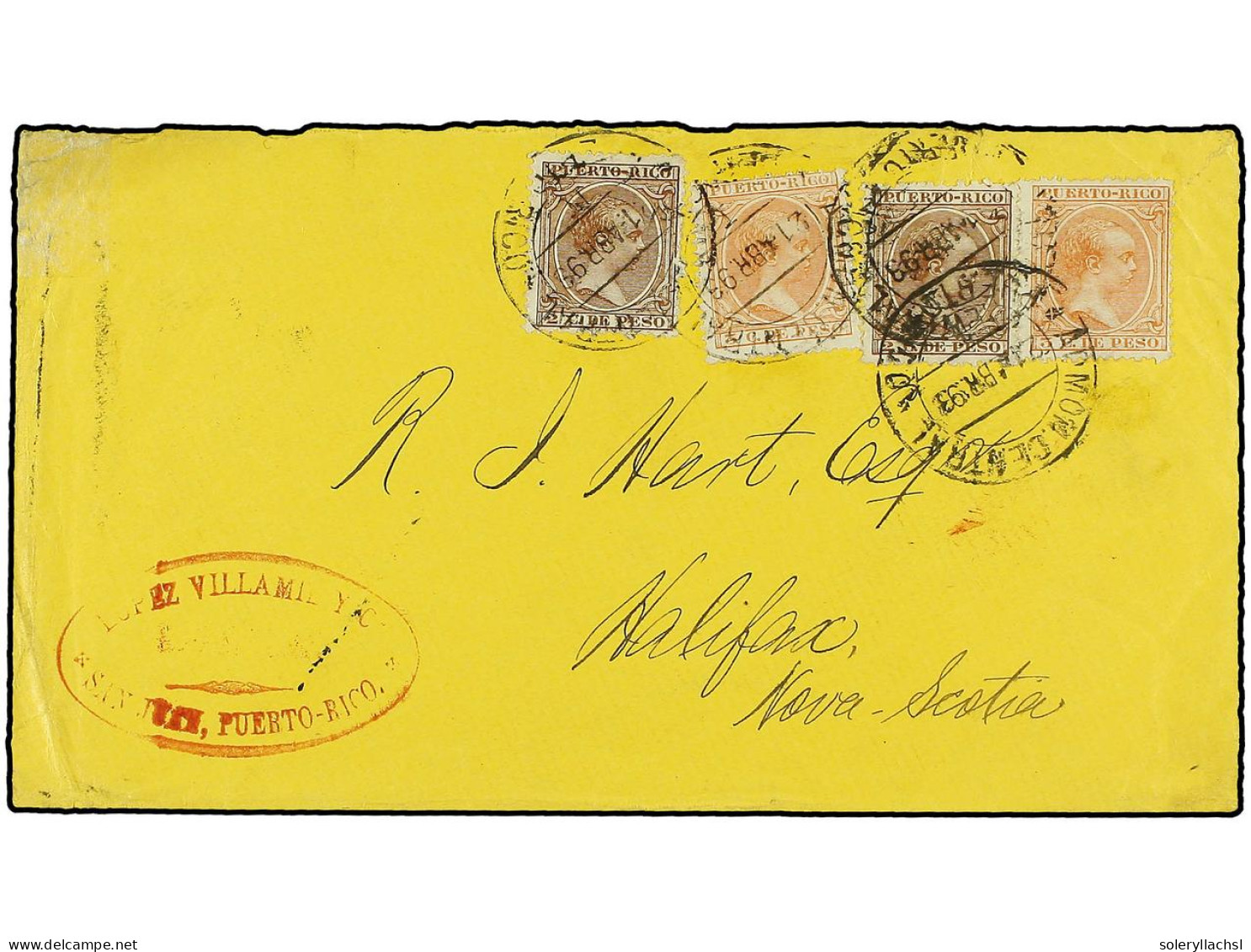 PUERTO RICO. 1893. S. JUAN A HALIFAX (Nova Scotia). 2 Cts. Castaño Rojo (2) Y 3 Cts. Naranja (2). Magnífico Franqueo Y R - Autres & Non Classés